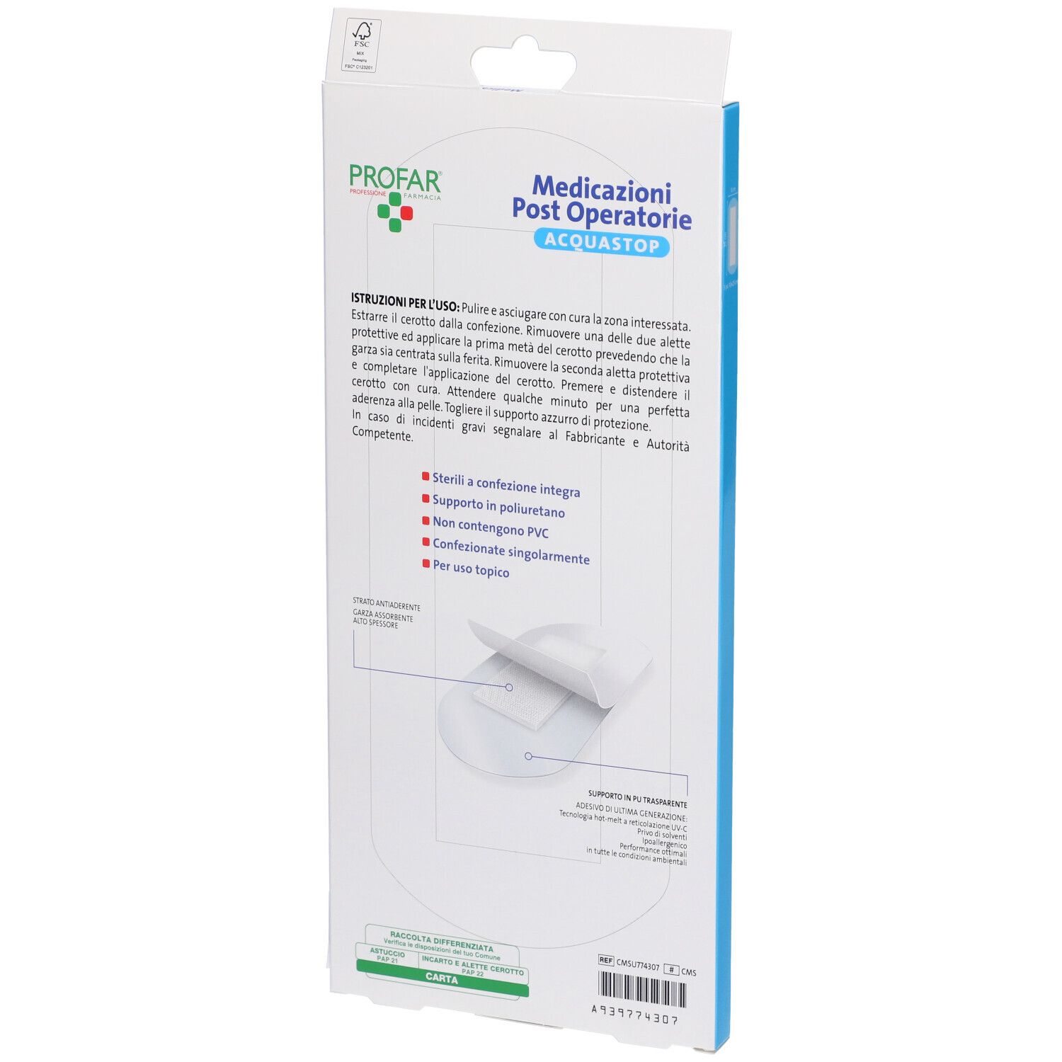 Retro della confezione Profar Acquastop. Testo su uso e ingredienti. Mostra una medicazione.