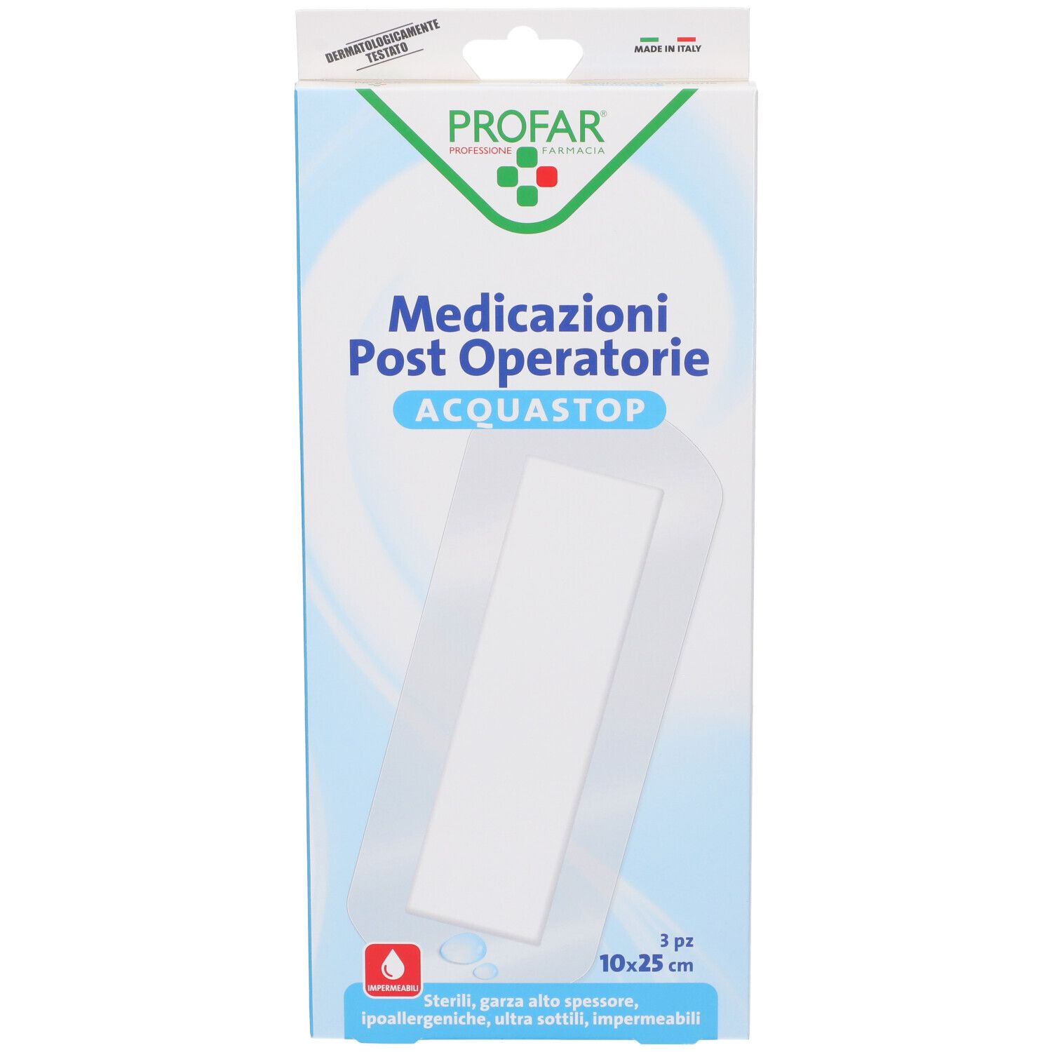 Confezione Profar Acquastop. Mostra medicazioni 10x25 cm. Scritta: Medicazioni Post Operatore, Acquastop. 3 pezzi.