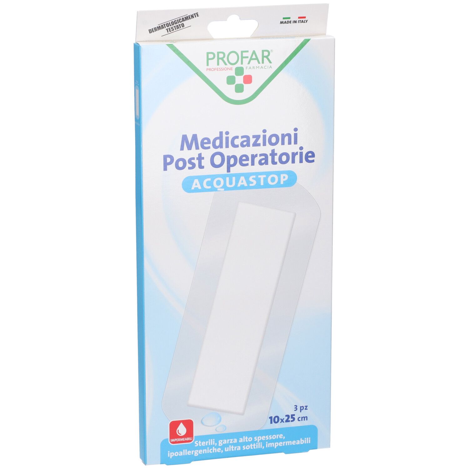 Confezione Profar Acquastop. Mostra medicazioni 10x25 cm. Scritta: Medicazioni Post Operatore, Acquastop. 3 pezzi.