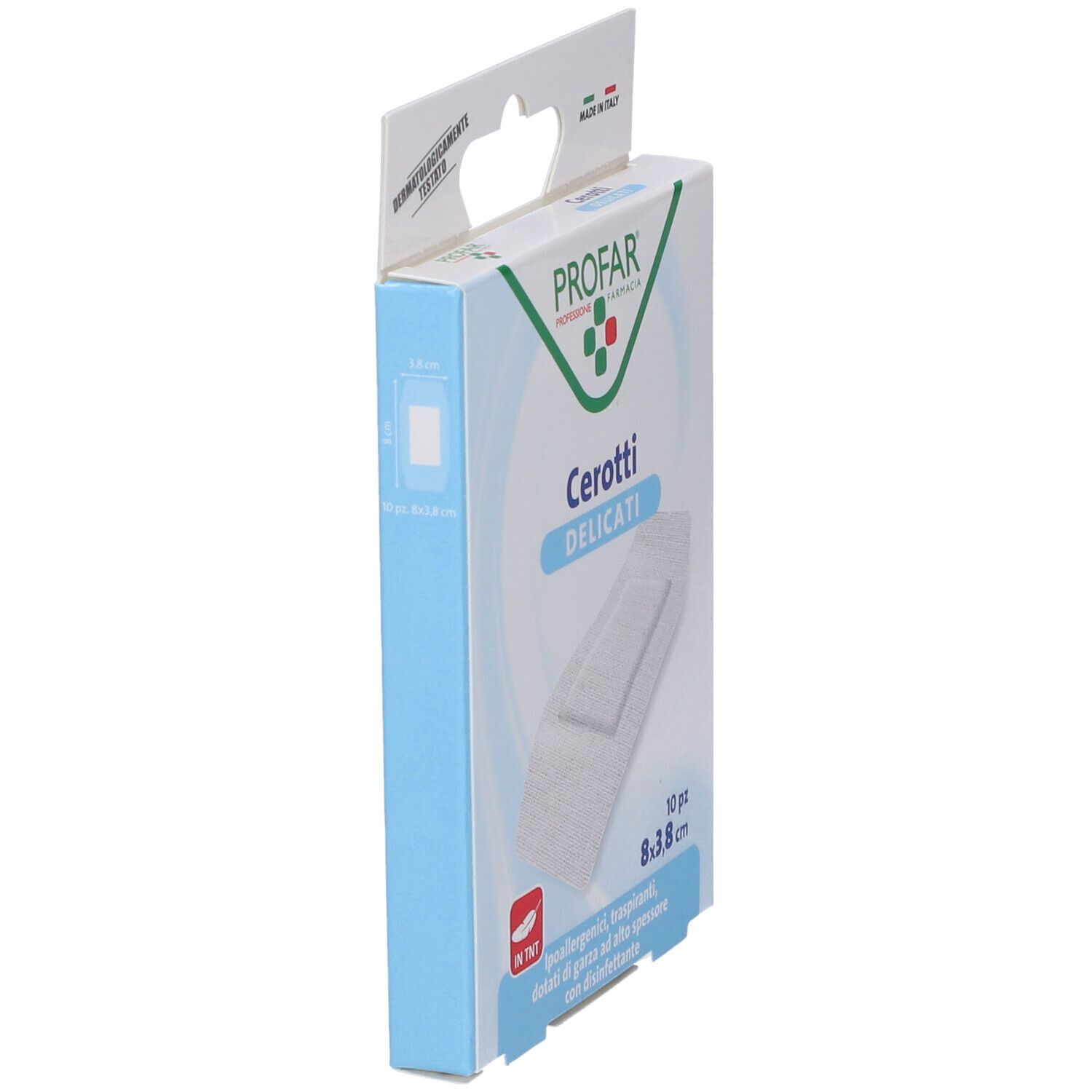Confezione di cerotti PROFAR Cerotti Delicati, vista laterale. Made in Italy. Dimensioni: 8x3,8 cm.