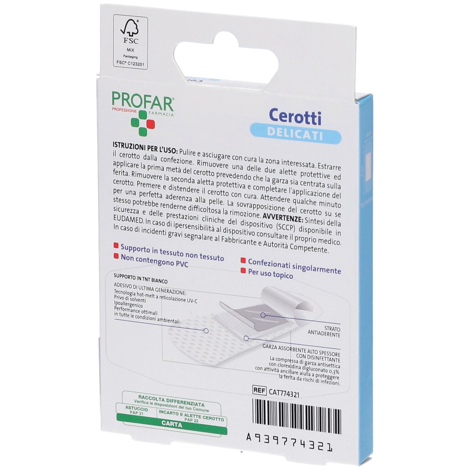 Retro della confezione di cerotti. Testo: Cerotti Delicati. Istruzioni per l'uso, ingredienti, informazioni produttore. Logo FSC.