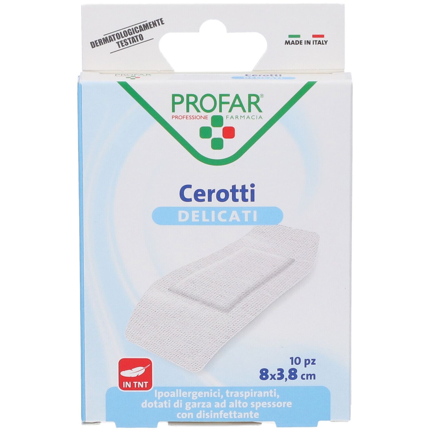 Confezione di cerotti PROFAR Cerotti Delicati, 10 pezzi, 8x3,8 cm. Cerotto bianco. Testato dermatologicamente. Made in Italy.