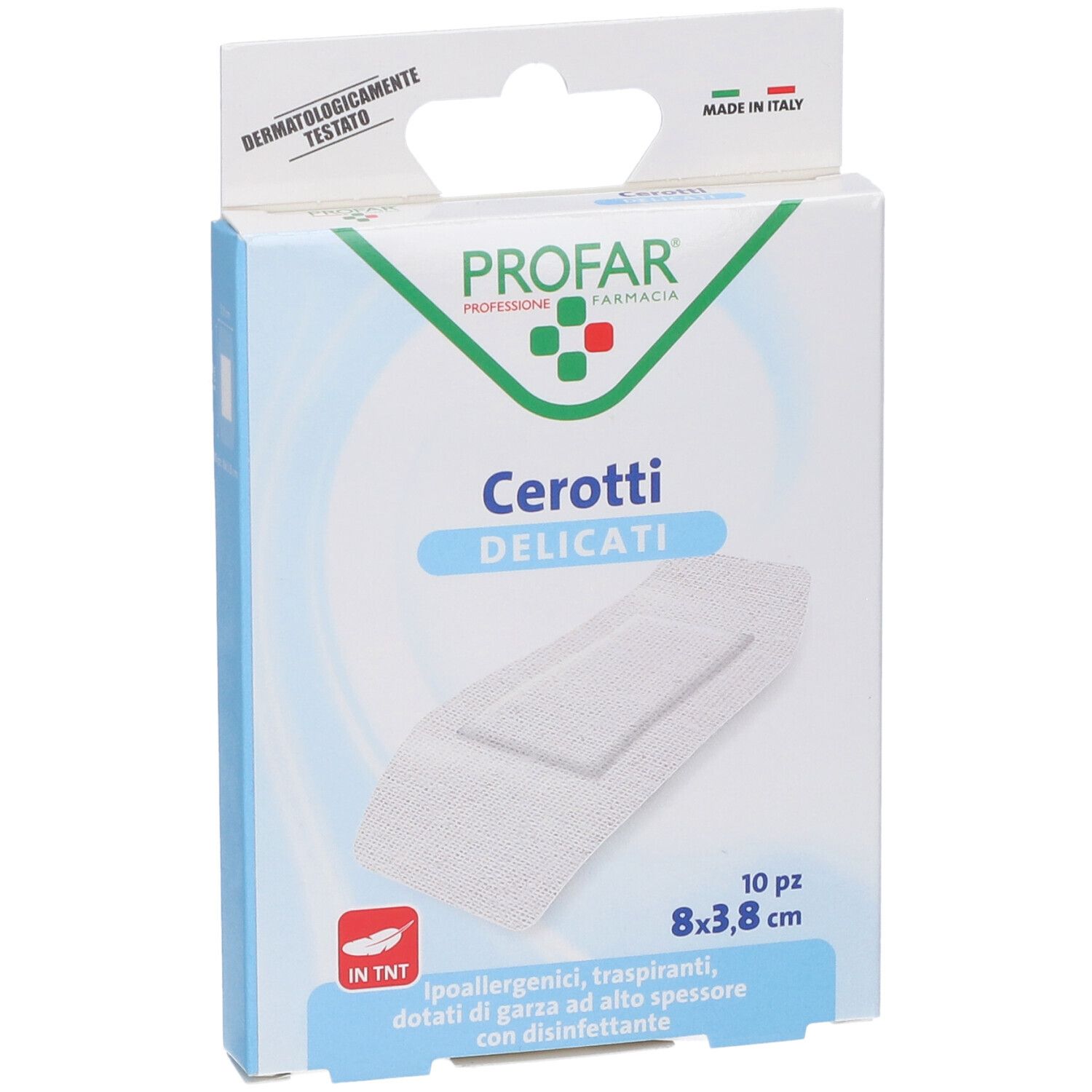 Confezione di cerotti PROFAR Cerotti Delicati, 10 pezzi, 8x3,8 cm. Cerotto bianco. Testato dermatologicamente. Made in Italy.