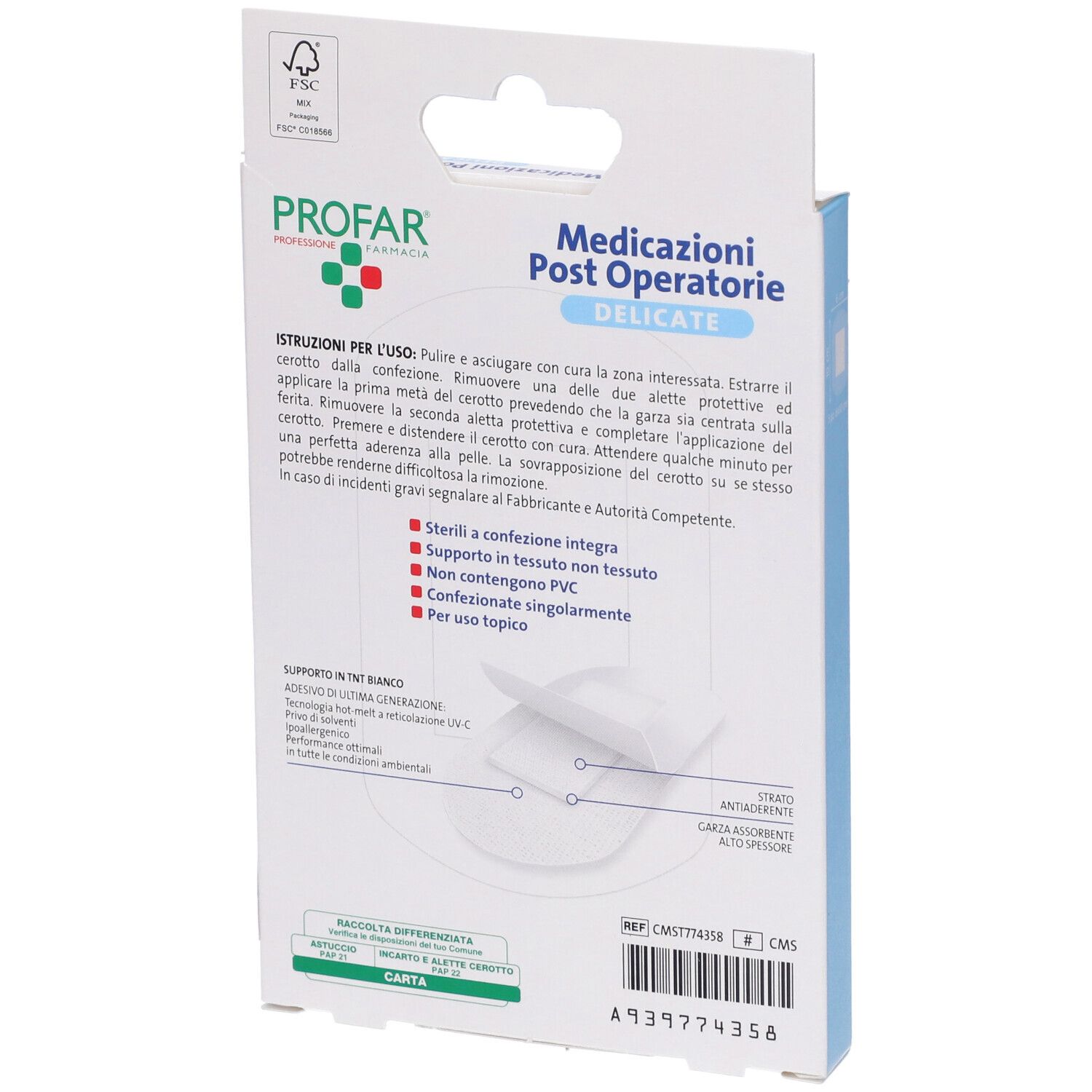 Retro della confezione di medicazioni Profar. Testo: Medicazioni Post Operatore. Istruzioni e informazioni sul prodotto.