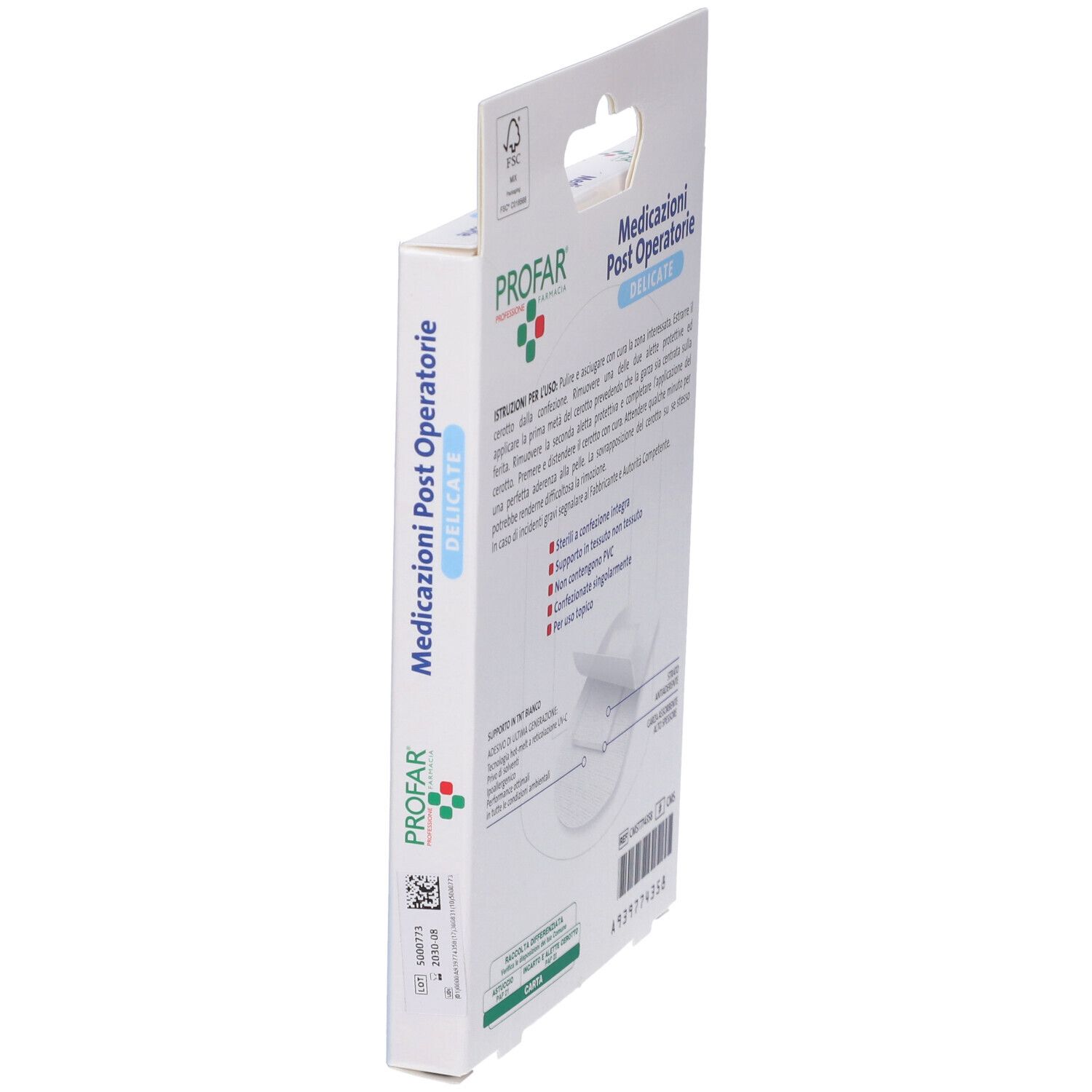 Vista laterale della confezione di medicazioni Profar. Scritta: Medicazioni Post Operatore. Con informazioni sul prodotto.