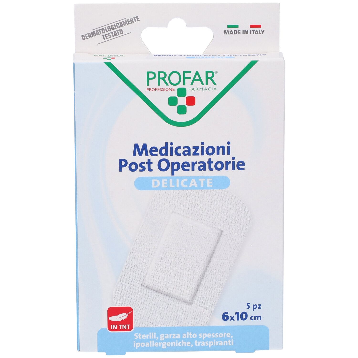 Confezione di medicazioni Profar. Scritta: Medicazioni Post Operatore, 6x10 cm, 5 pezzi. Dermatologicamente testato.