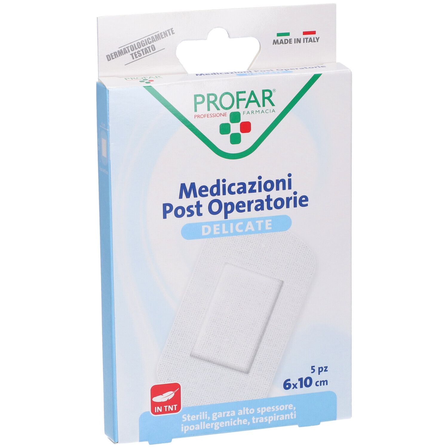 Confezione di medicazioni Profar. Scritta: Medicazioni Post Operatore, 6x10 cm, 5 pezzi. Dermatologicamente testato.