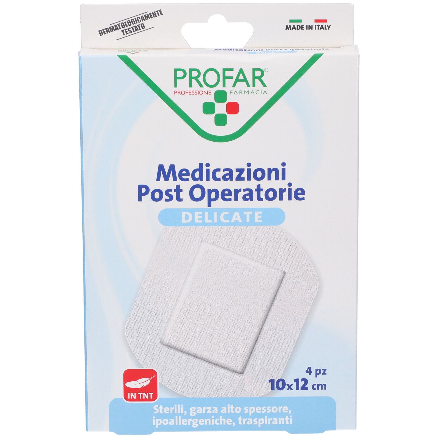 Confezione di medicazioni Profar. Contiene 4 medicazioni sterili, ipoallergeniche, 10x12 cm. Testato dermatologicamente.