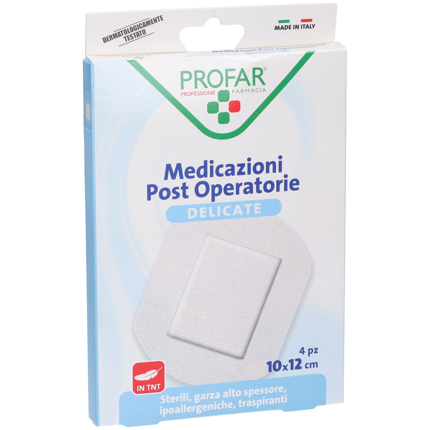Confezione di medicazioni Profar. Contiene 4 medicazioni sterili, ipoallergeniche, 10x12 cm. Testato dermatologicamente.