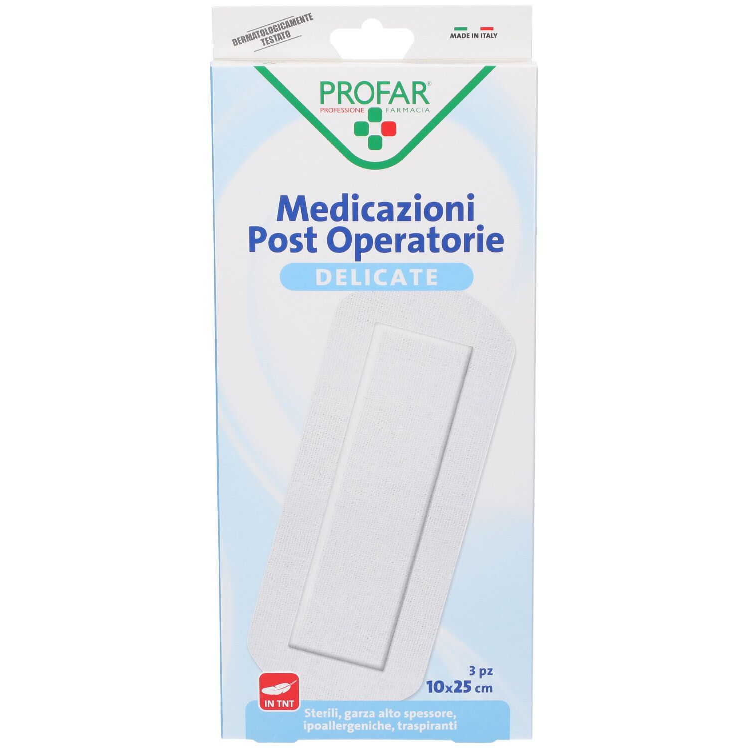 Confezione di medicazioni Profar. Scritta: Medicazioni Post Operatore. 3 pezzi, 10x25 cm.