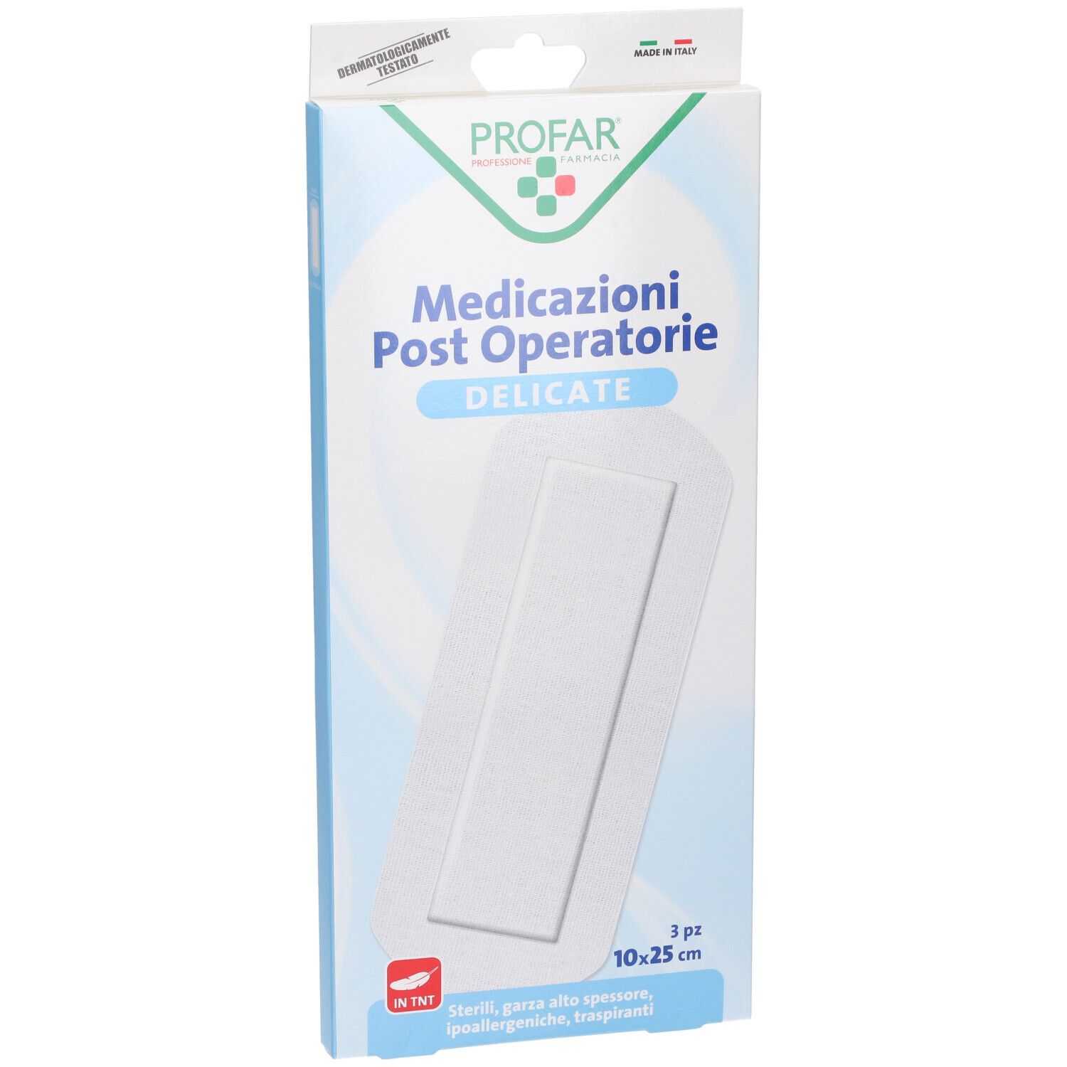 Confezione di medicazioni Profar. Scritta: Medicazioni Post Operatore. 3 pezzi, 10x25 cm.