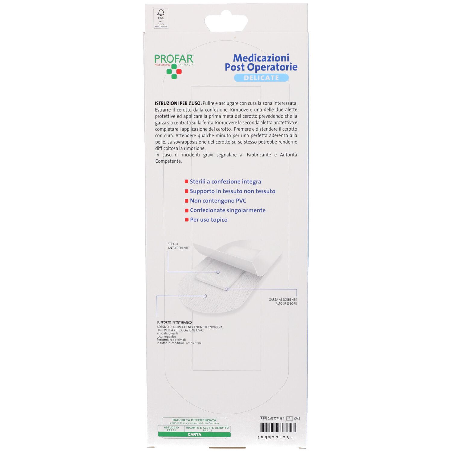 Retro della confezione con informazioni sul prodotto. Testo: Profar, Medicazioni Post Operatore, medicazione sterile.