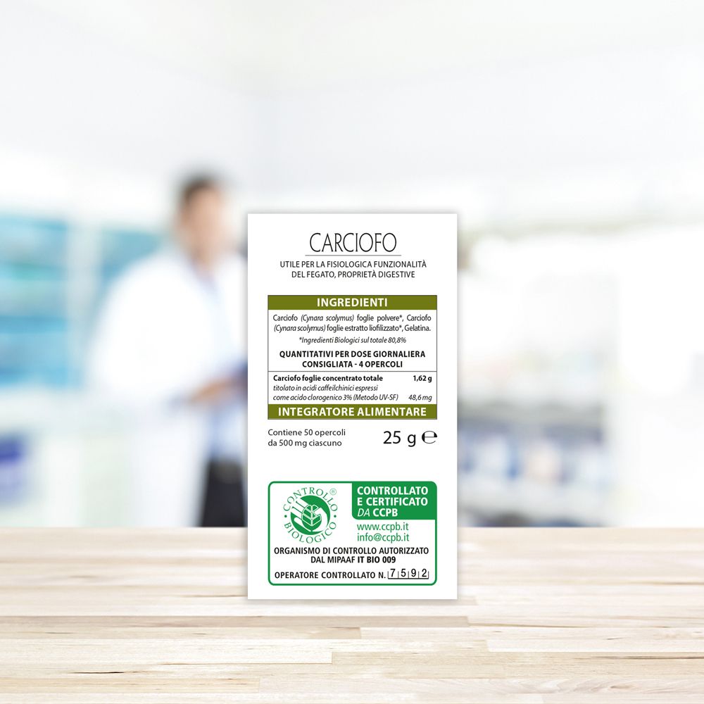 Confezione Aboca Carciofo Concentrato Totale. Testo: Ingredienti, 25 g, Integratore Alimentare.