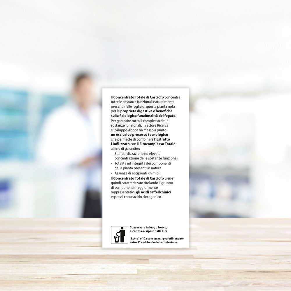 Retro della confezione Aboca Carciofo Concentrato Totale. Testo.