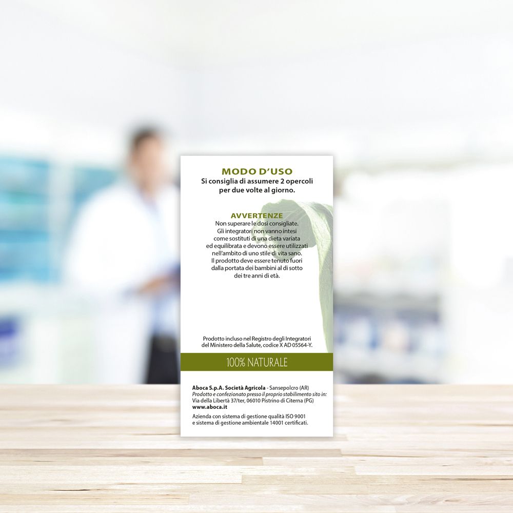 Retro della confezione Aboca Carciofo Concentrato Totale. Testo: Modo d'uso, 100% Naturale.