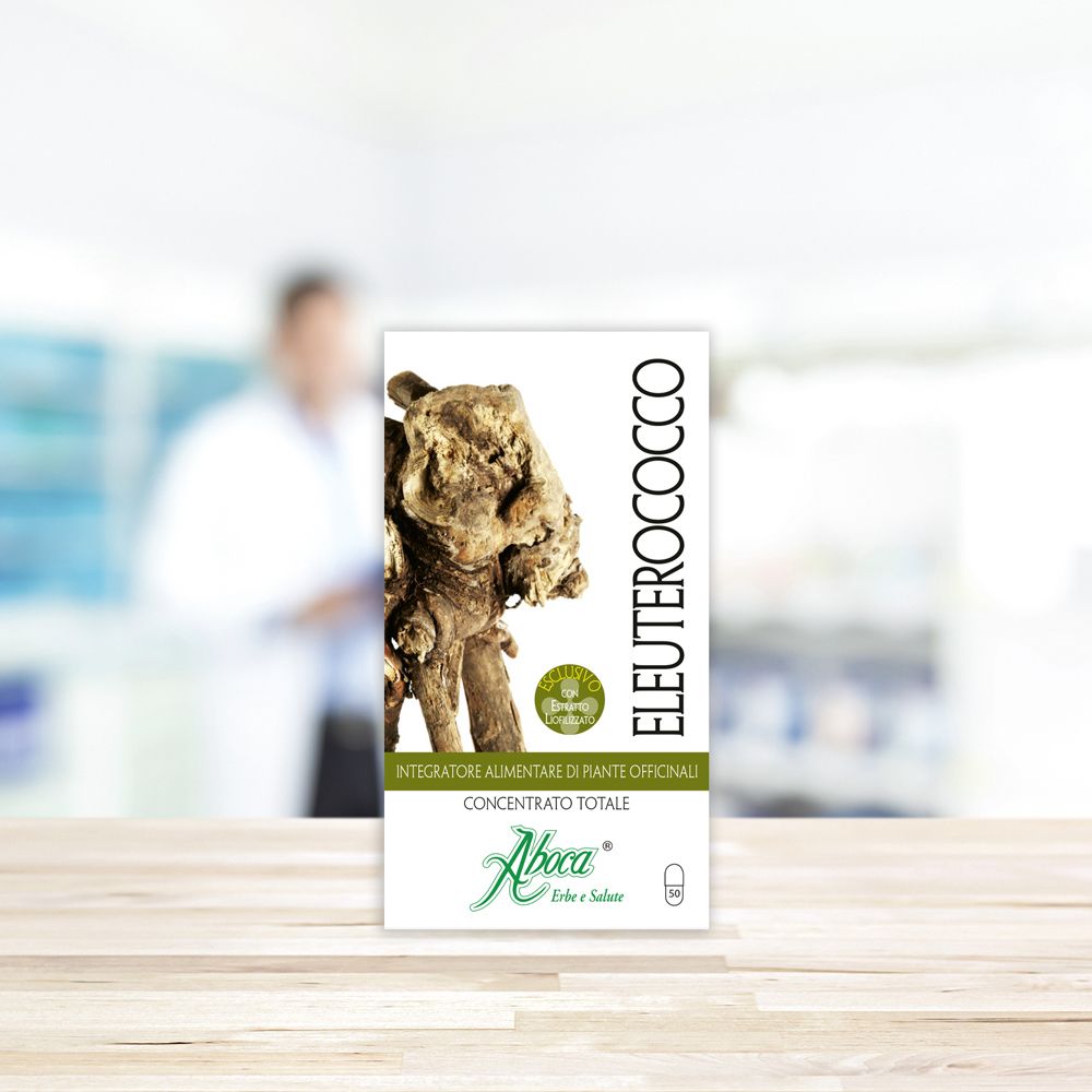 Aboca Eleuterococco Concentrato Totale. Confezione bianca con immagine radice. Testo in italiano.
