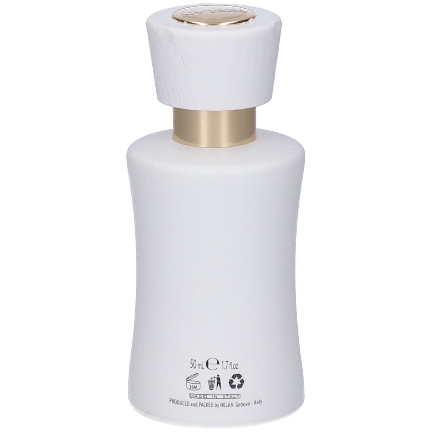 Flacone bianco di Eau de Parfum con tappo dorato. Scritte: 50 ml, simboli riciclo, origine.
