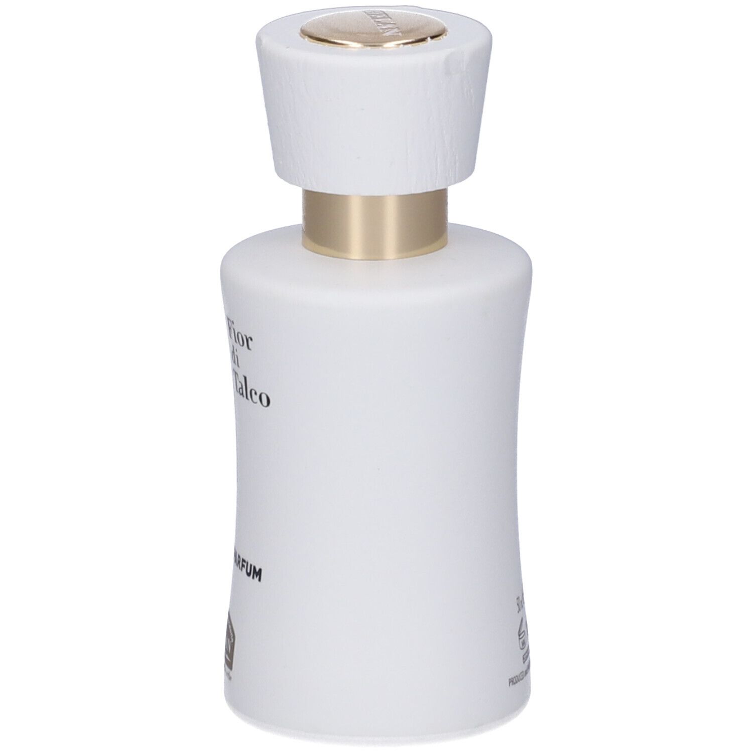 Flacone bianco di Eau de Parfum con tappo dorato. Vista laterale con scritta: Fior di Talco, Eau de Parfum.