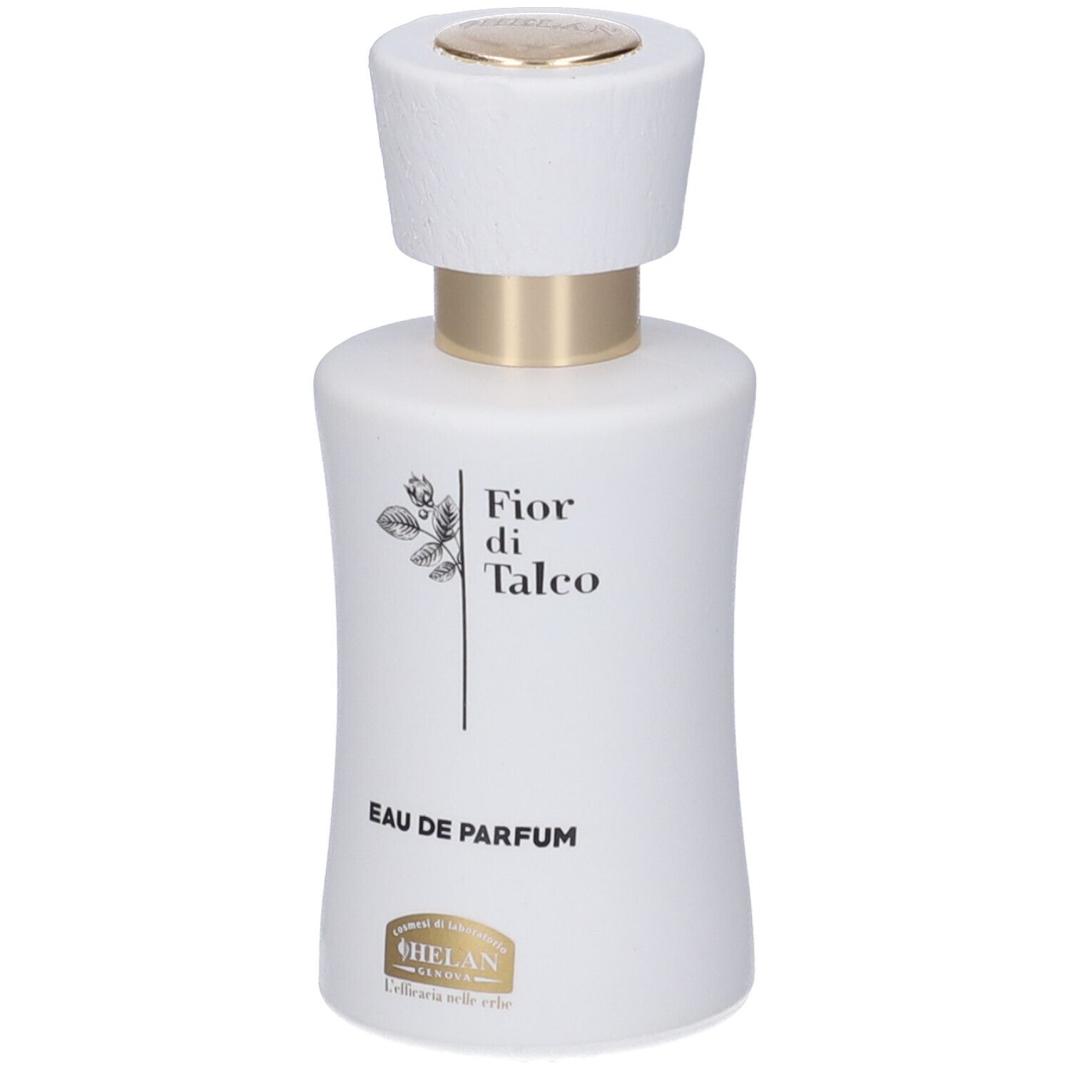 Flacone bianco di Eau de Parfum con tappo dorato. Scritta: Fior di Talco, Eau de Parfum, Helan.