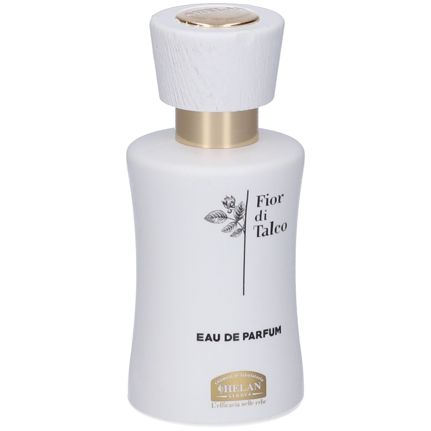 Flacone bianco di Eau de Parfum con tappo dorato. Scritta: Fior di Talco, Eau de Parfum, Helan.
