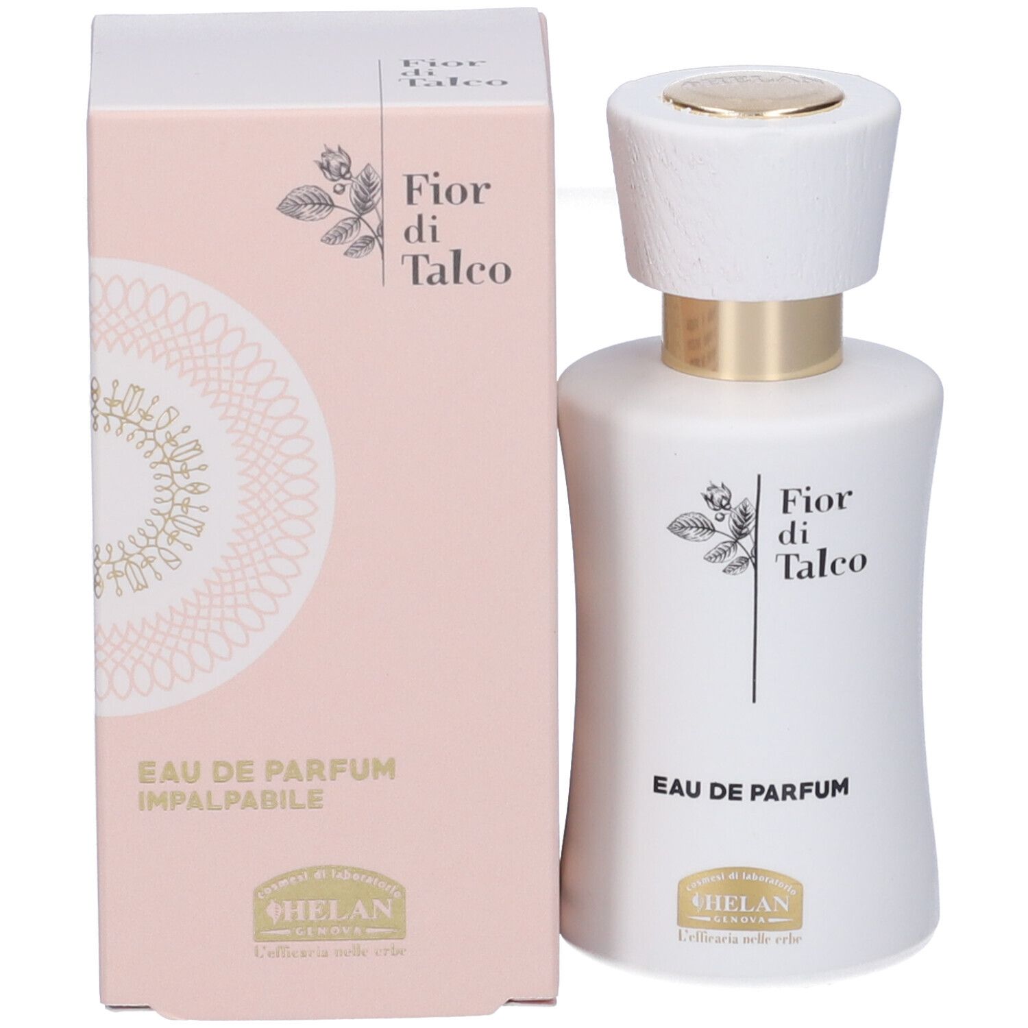 Flacone e confezione di Eau de Parfum. Scritta: Fior di Talco, Eau de Parfum Impalpabile, Helan.