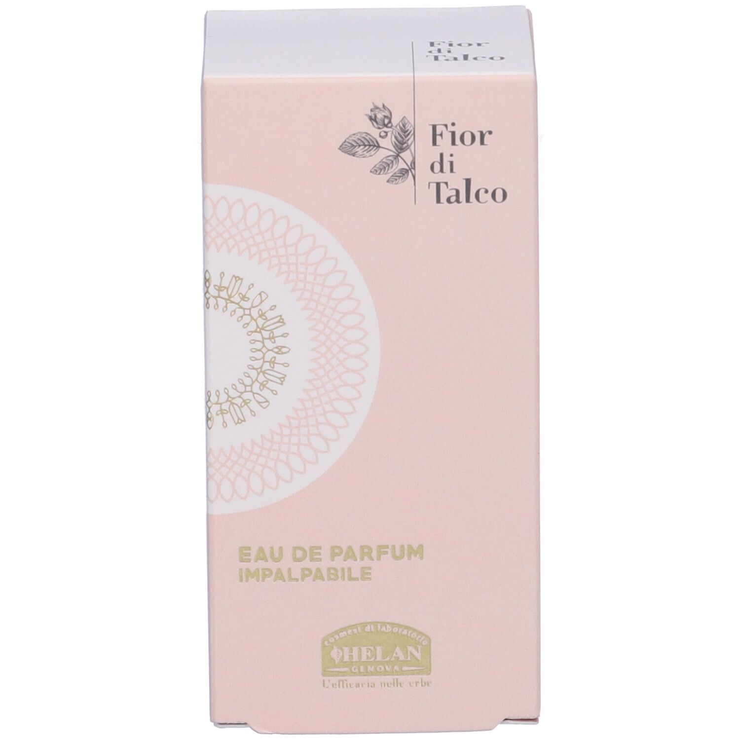 Confezione rosa con scritta: Fior di Talco, Eau de Parfum Impalpabile, Helan.