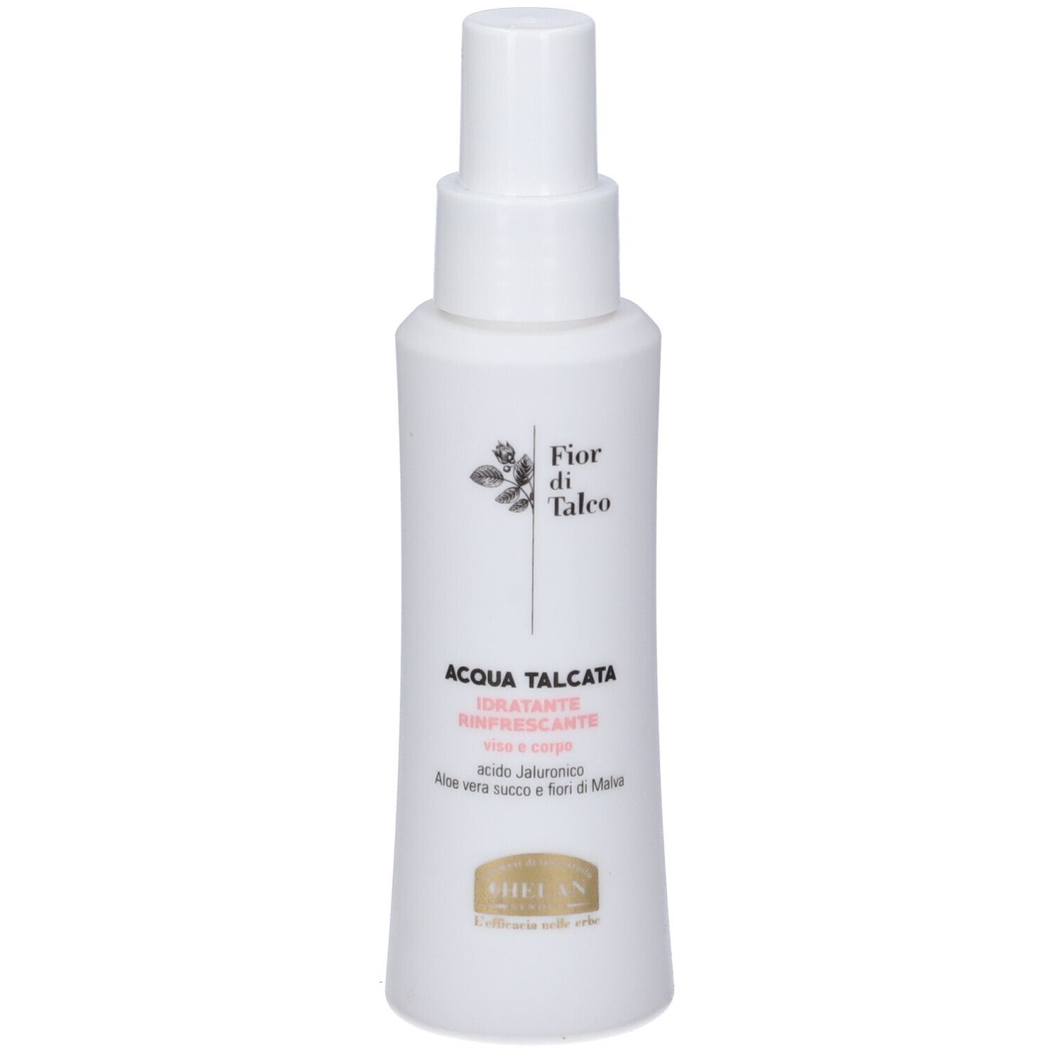 Flacone bianco con vaporizzatore. Scritta: Fior di Talco, Acqua Talcata, Idratante Rinfrescante. Testo rosa.