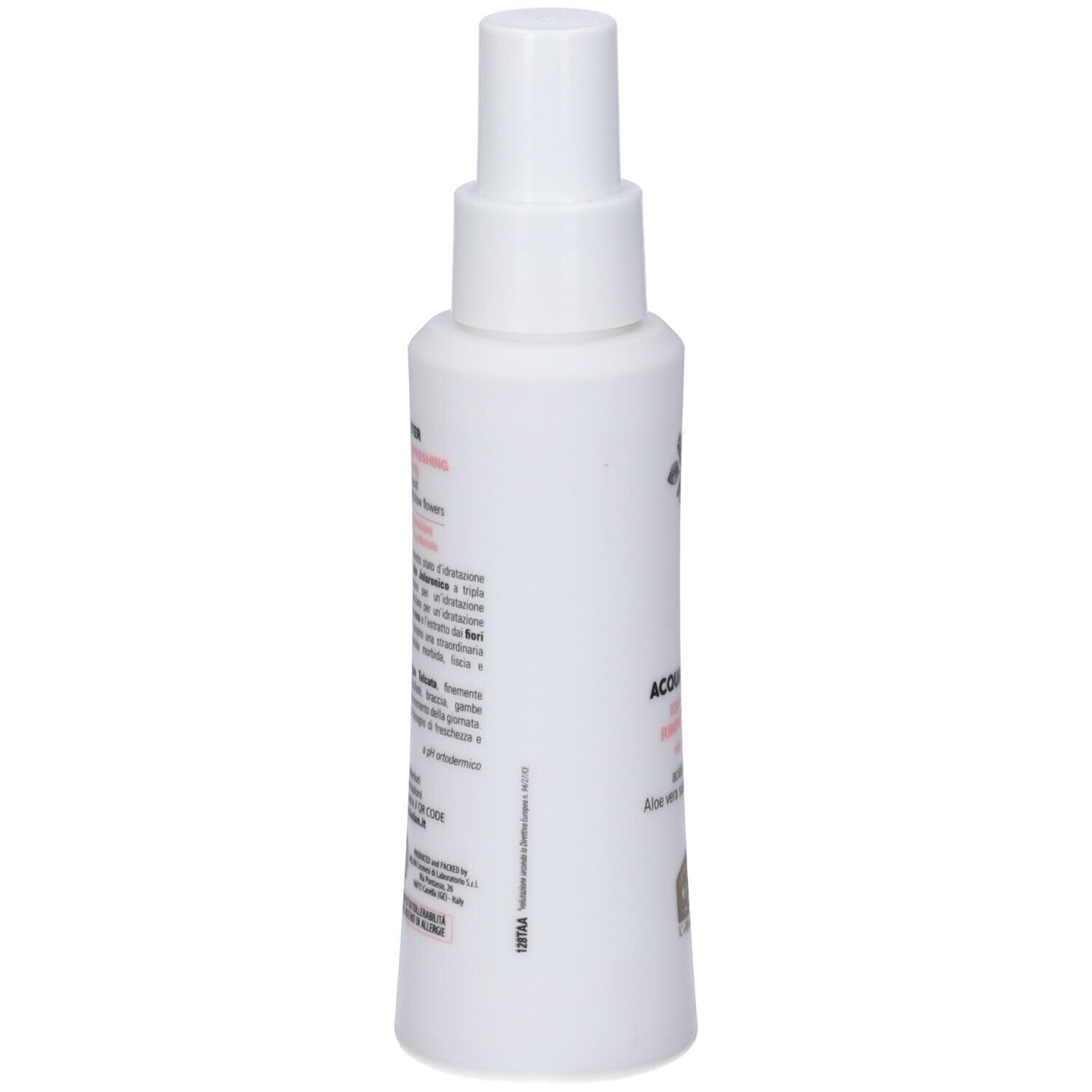Flacone bianco con vaporizzatore. Scritta: Fior di Talco, Acqua Talcata, Idratante Rinfrescante. Retro con testo.