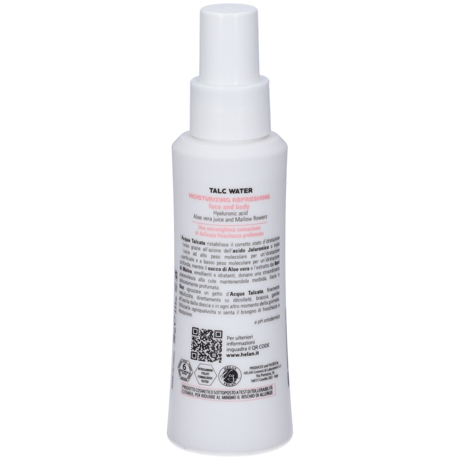 Flacone bianco con vaporizzatore. Scritta: Fior di Talco, Acqua Talcata, Idratante Rinfrescante. Retro con testo.