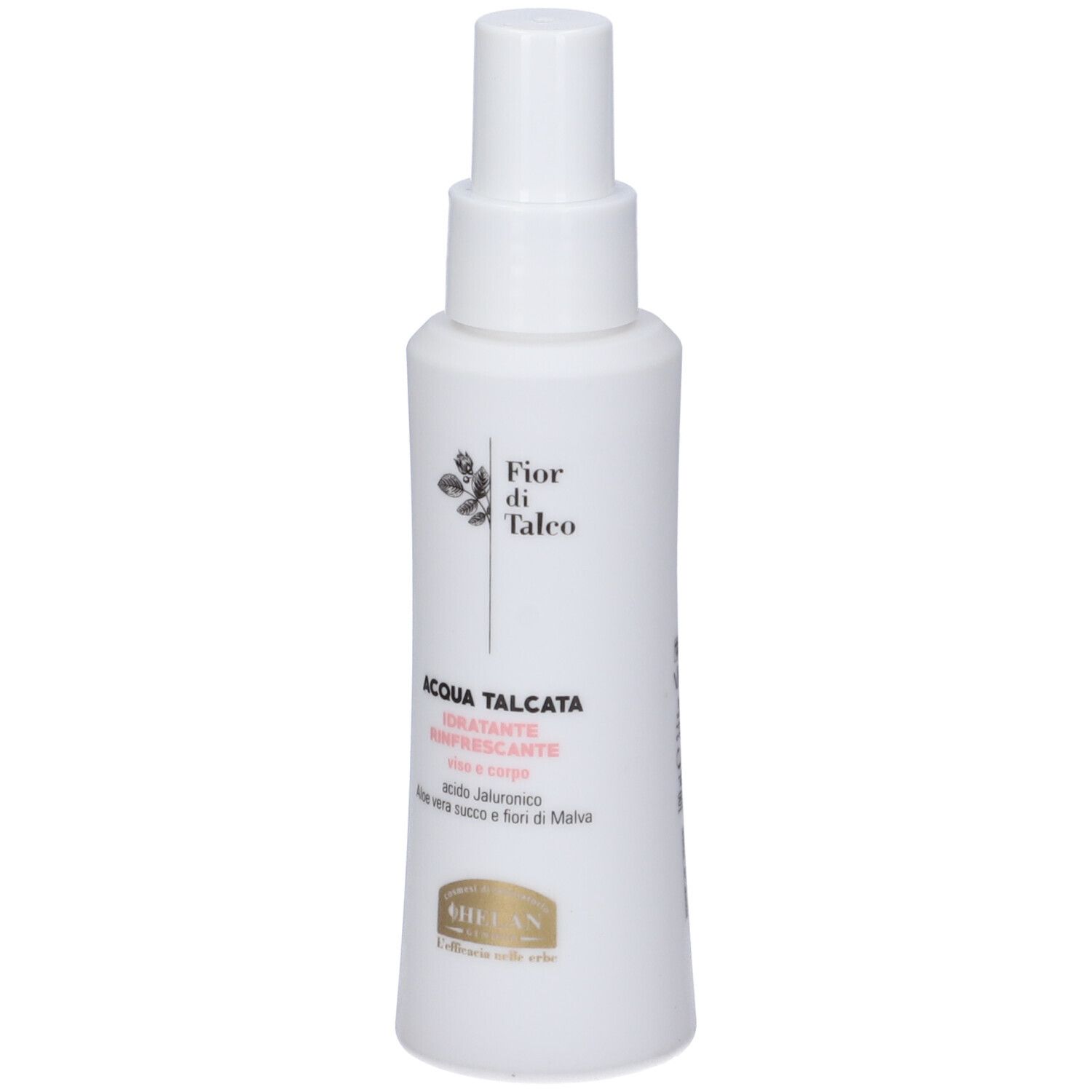 Flacone bianco con vaporizzatore. Scritta: Fior di Talco, Acqua Talcata, Idratante Rinfrescante. Retro con testo.