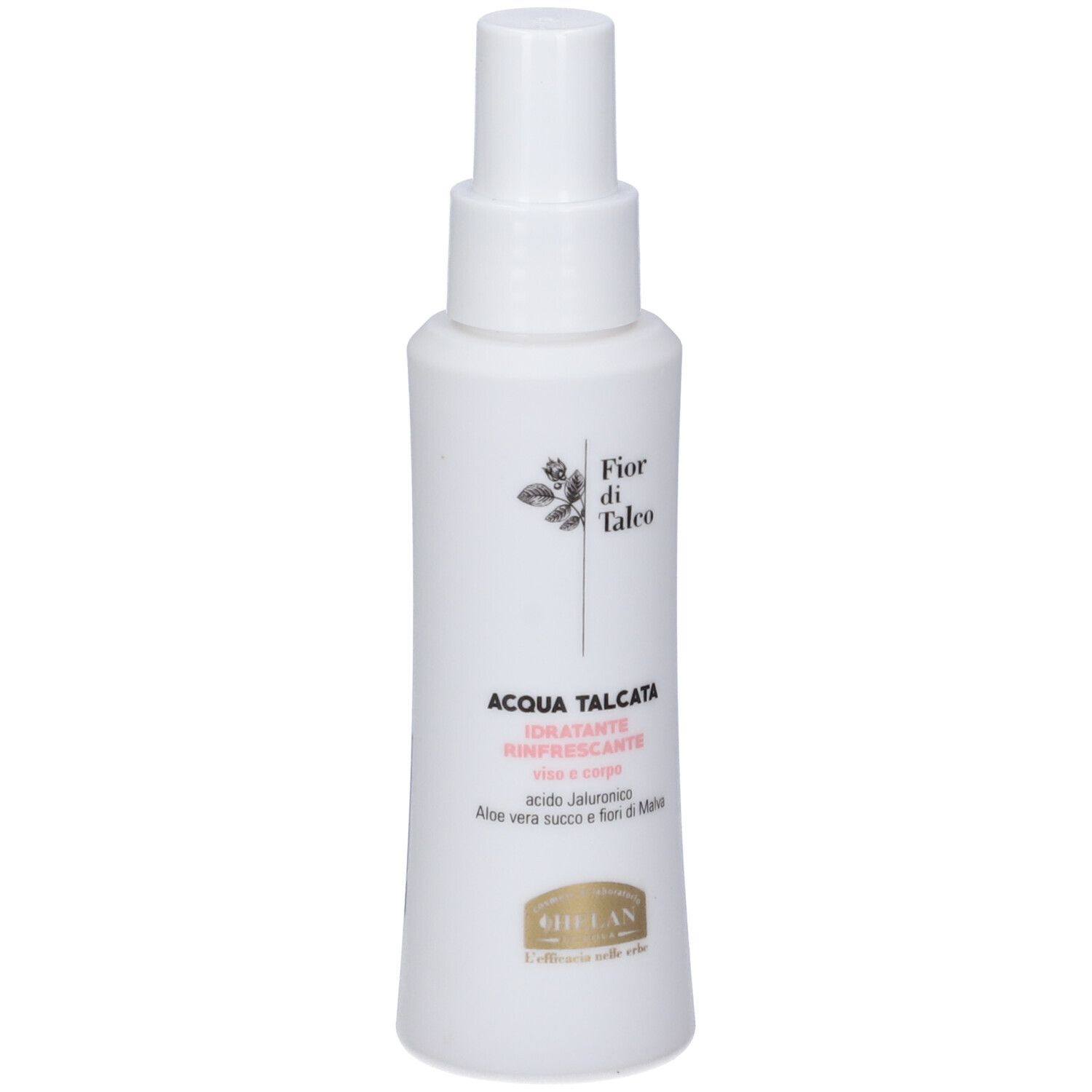 Flacone bianco con vaporizzatore. Scritta: Fior di Talco, Acqua Talcata, Idratante Rinfrescante. Retro con testo.
