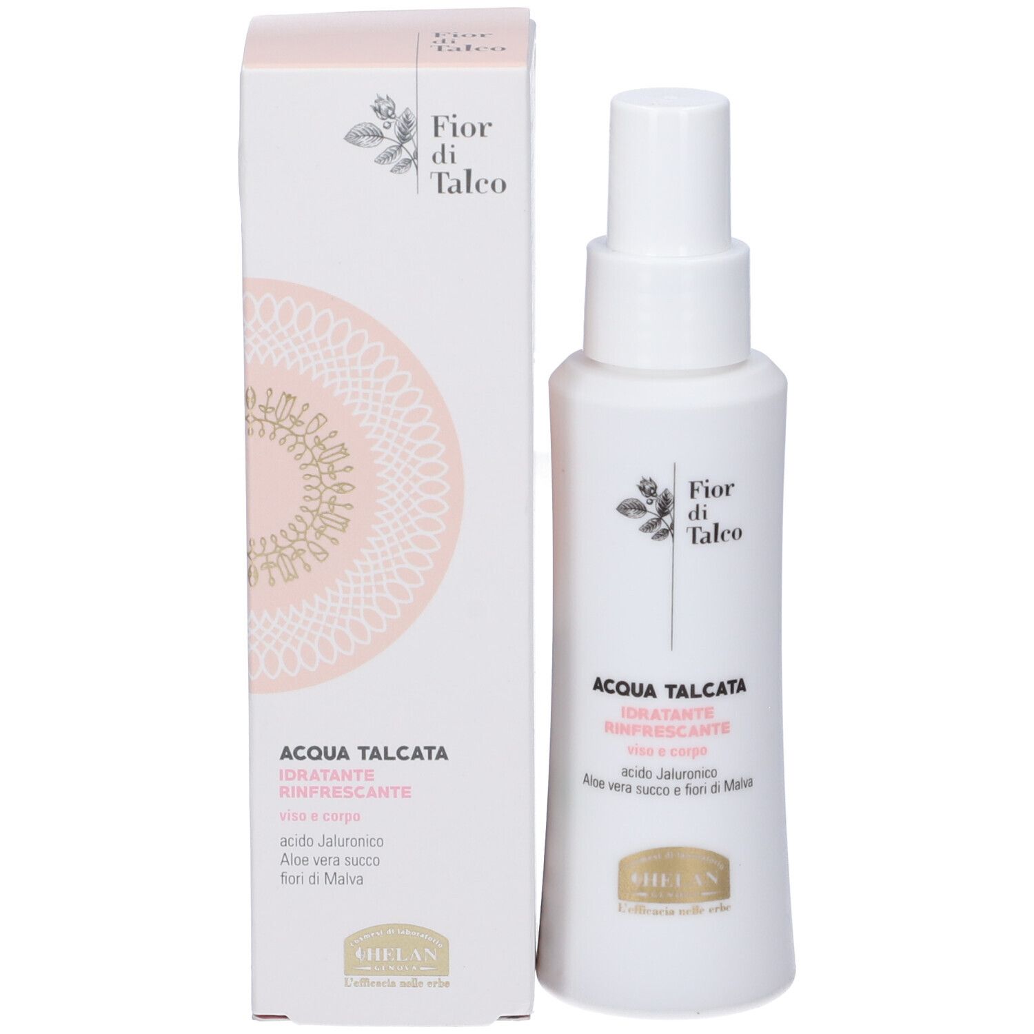 Flacone bianco con vaporizzatore e confezione. Scritta: Fior di Talco, Acqua Talcata. Accenti rosa.