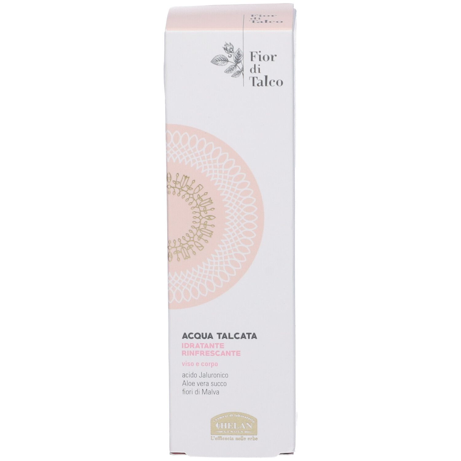 Confezione. Scritta: Fior di Talco, Acqua Talcata, Idratante Rinfrescante. Accenti rosa.