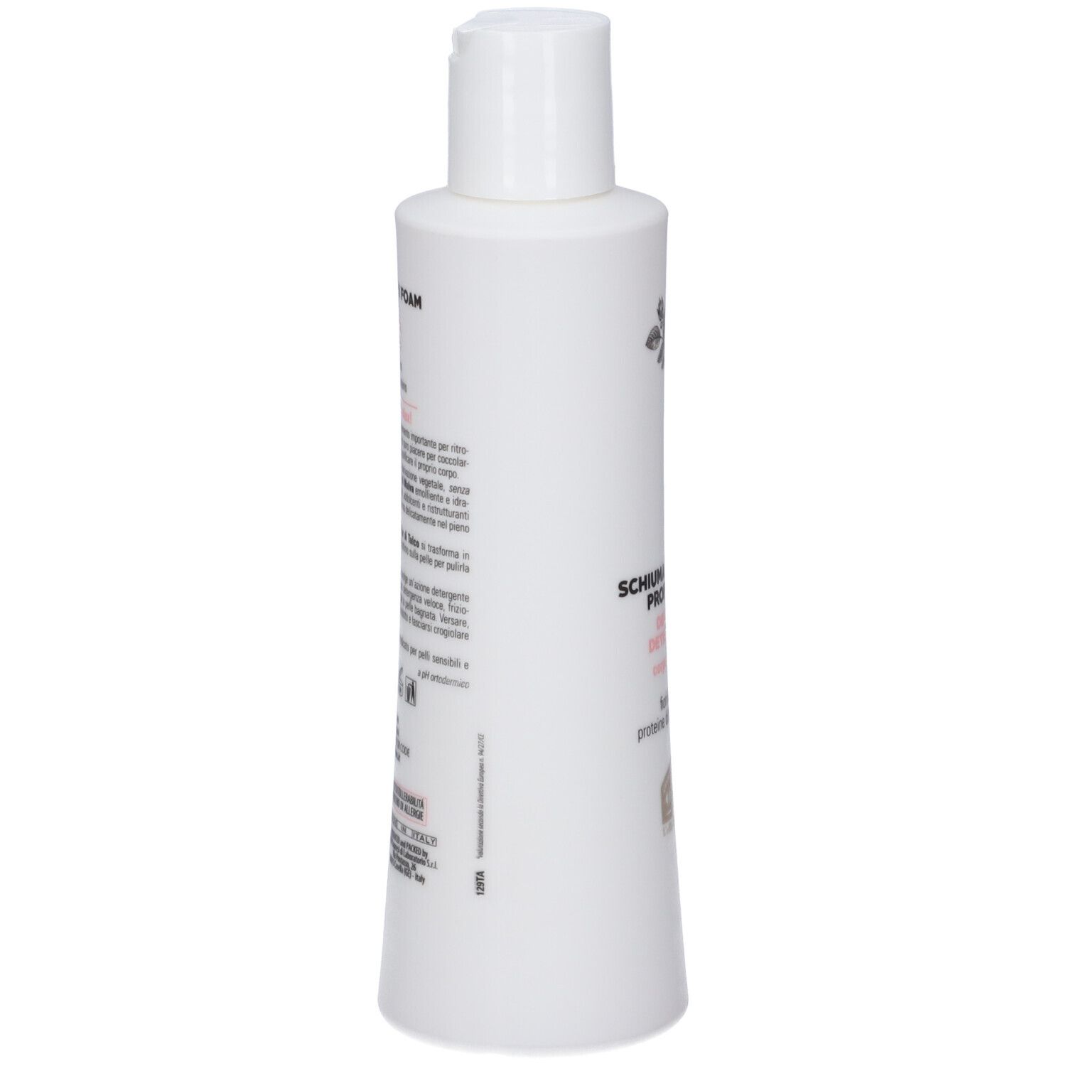 Flacone bianco, vista laterale. Testo: Schiuma da Bagno Profumata, ingredienti, codice QR, informazioni produttore.