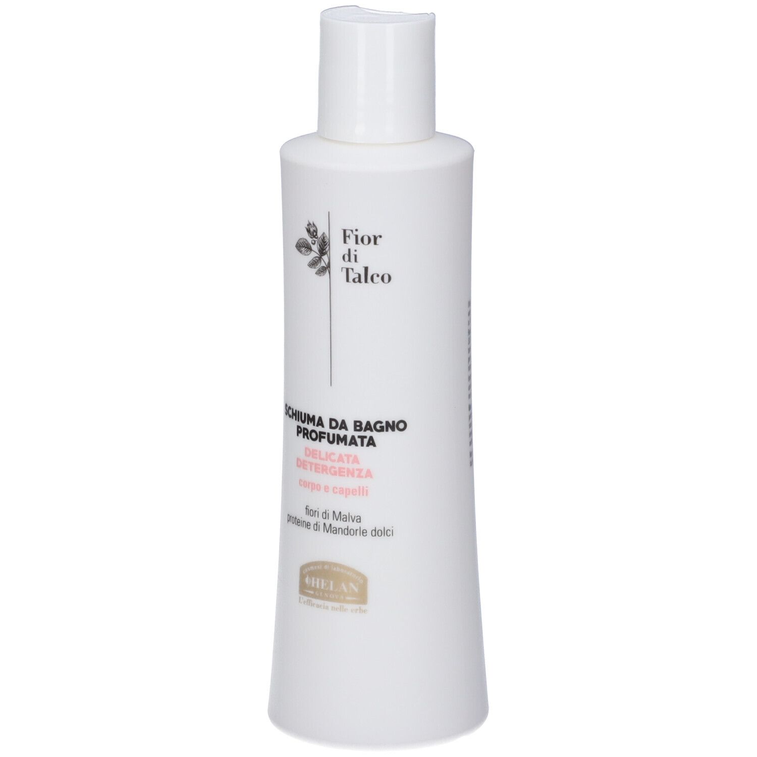 Flacone bianco con tappo bianco. Scritta: Fior di Talco, Schiuma da Bagno Profumata, logo Helan.