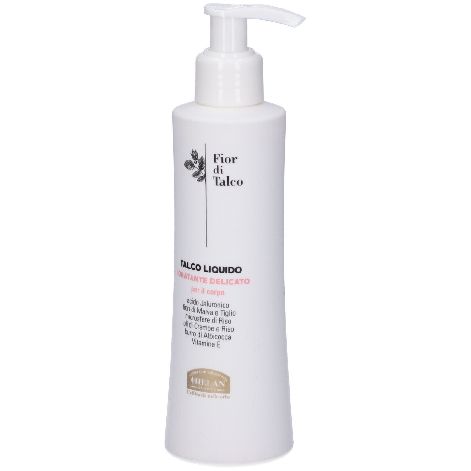 Flacone bianco con dosatore. Scritta: FIOR DI TALCO, TALCO LIQUIDO IDRATANTE DELICATO. Marchio: HELAN.