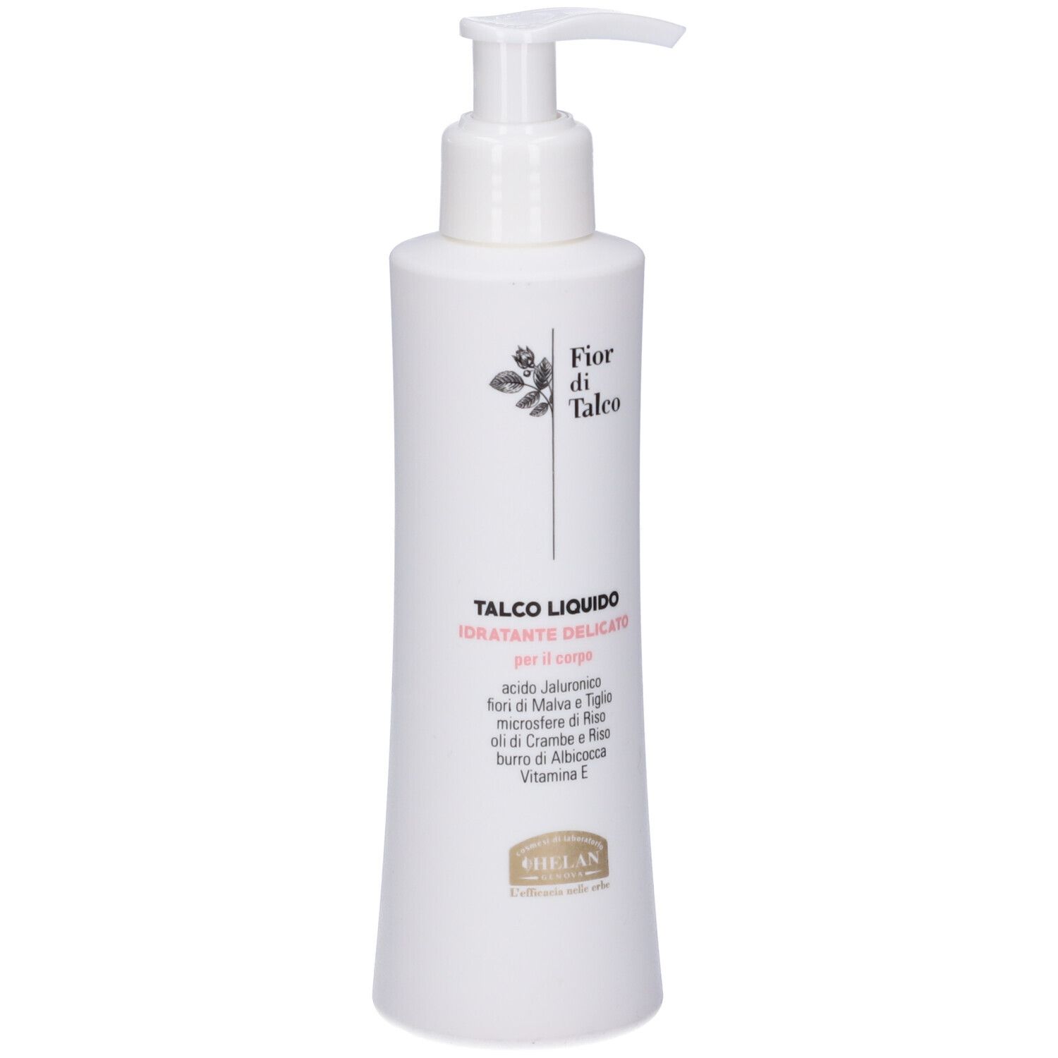 Flacone bianco con dosatore. Scritta: FIOR DI TALCO, TALCO LIQUIDO IDRATANTE DELICATO. Marchio: HELAN.