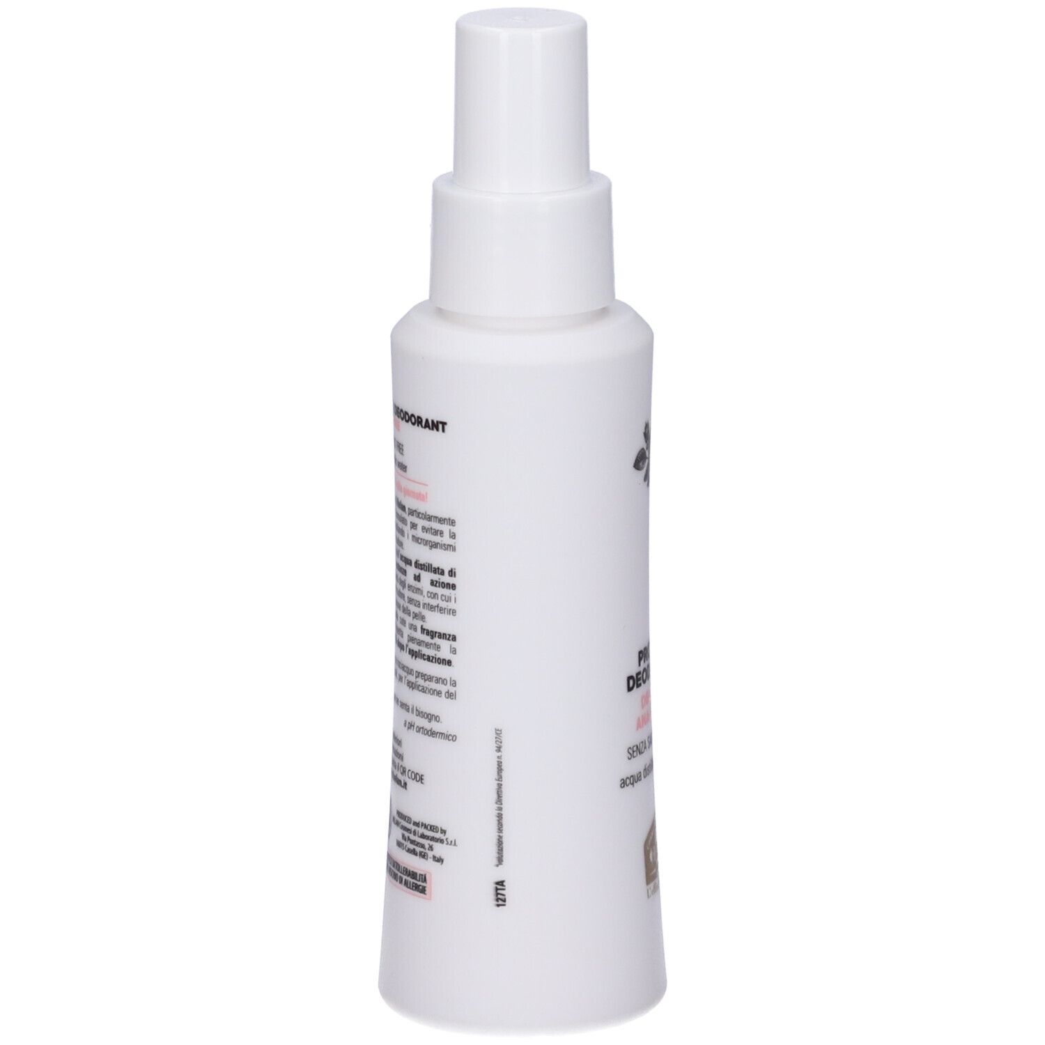Flacone spray bianco. Testo: PROFUMO DEODORANTE DELICATO, SENZA SALI DI ALLUMINIO. Retro con testo.