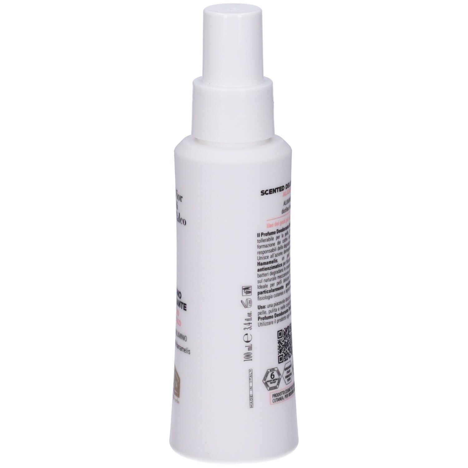 Flacone spray bianco. Testo: Scented Delicate Deodorant, 100 ml. Retro con testo e codice QR.