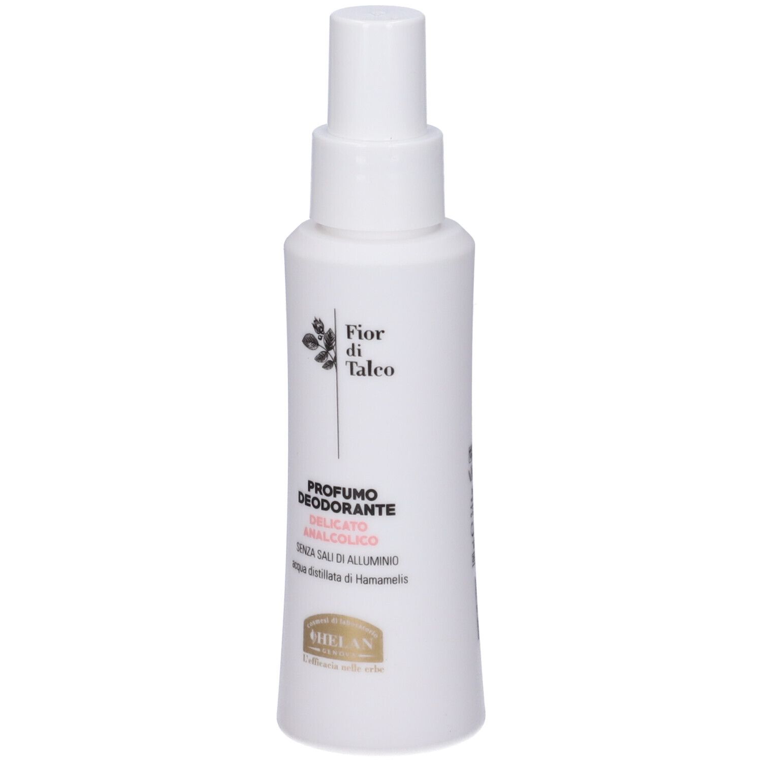 Flacone spray bianco con scritta FIOR DI TALCO, PROFUMO DEODORANTE DELICATO. Marchio HELAN.