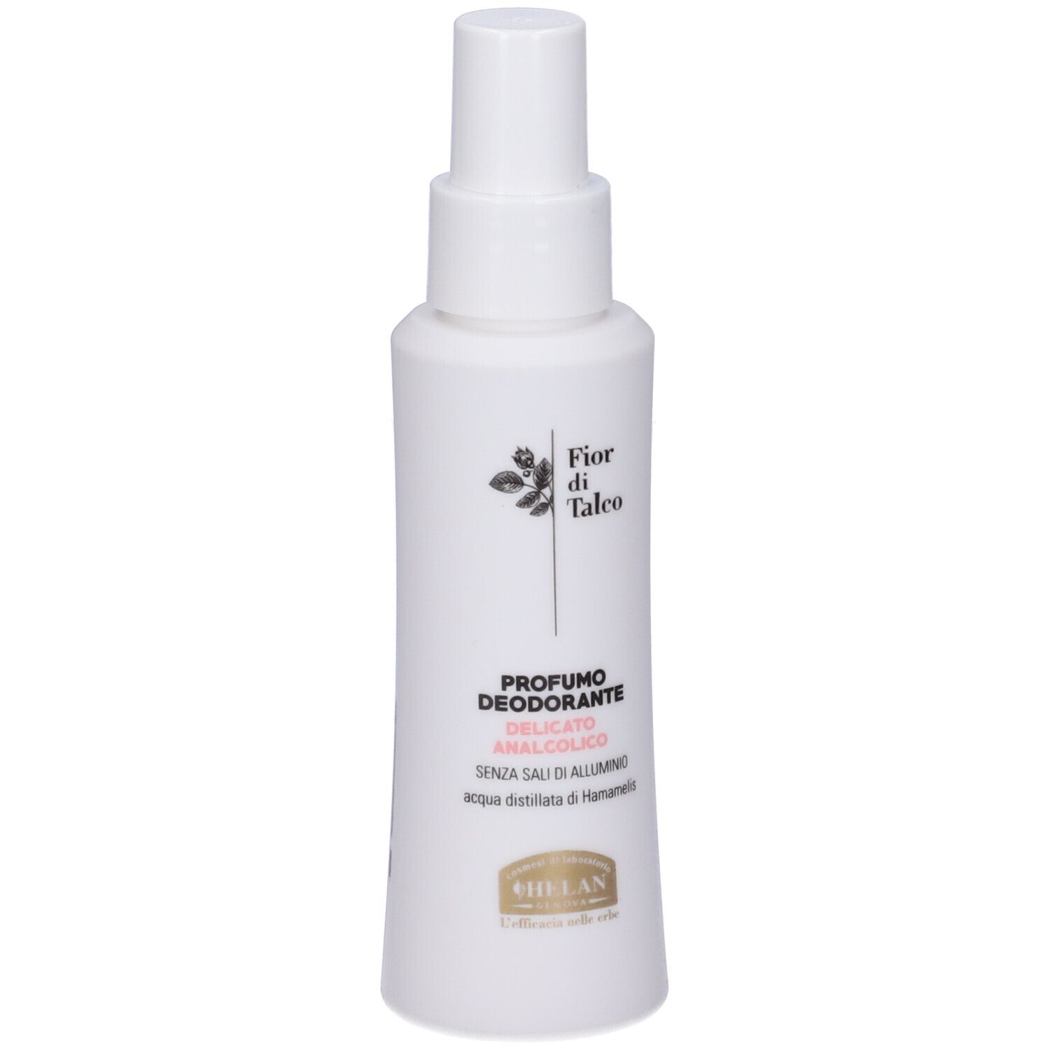 Flacone spray bianco con scritta FIOR DI TALCO, PROFUMO DEODORANTE DELICATO. Marchio HELAN.