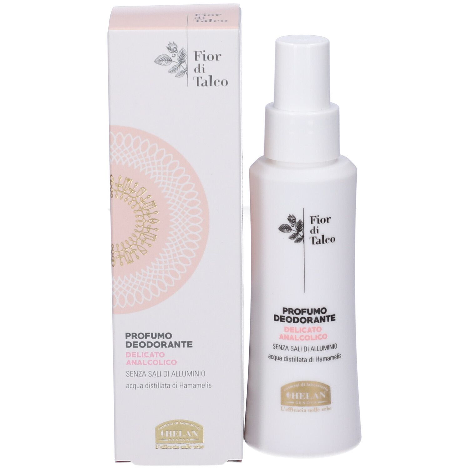 Flacone spray bianco e confezione. Scritta FIOR DI TALCO, PROFUMO DEODORANTE DELICATO. Marchio HELAN.