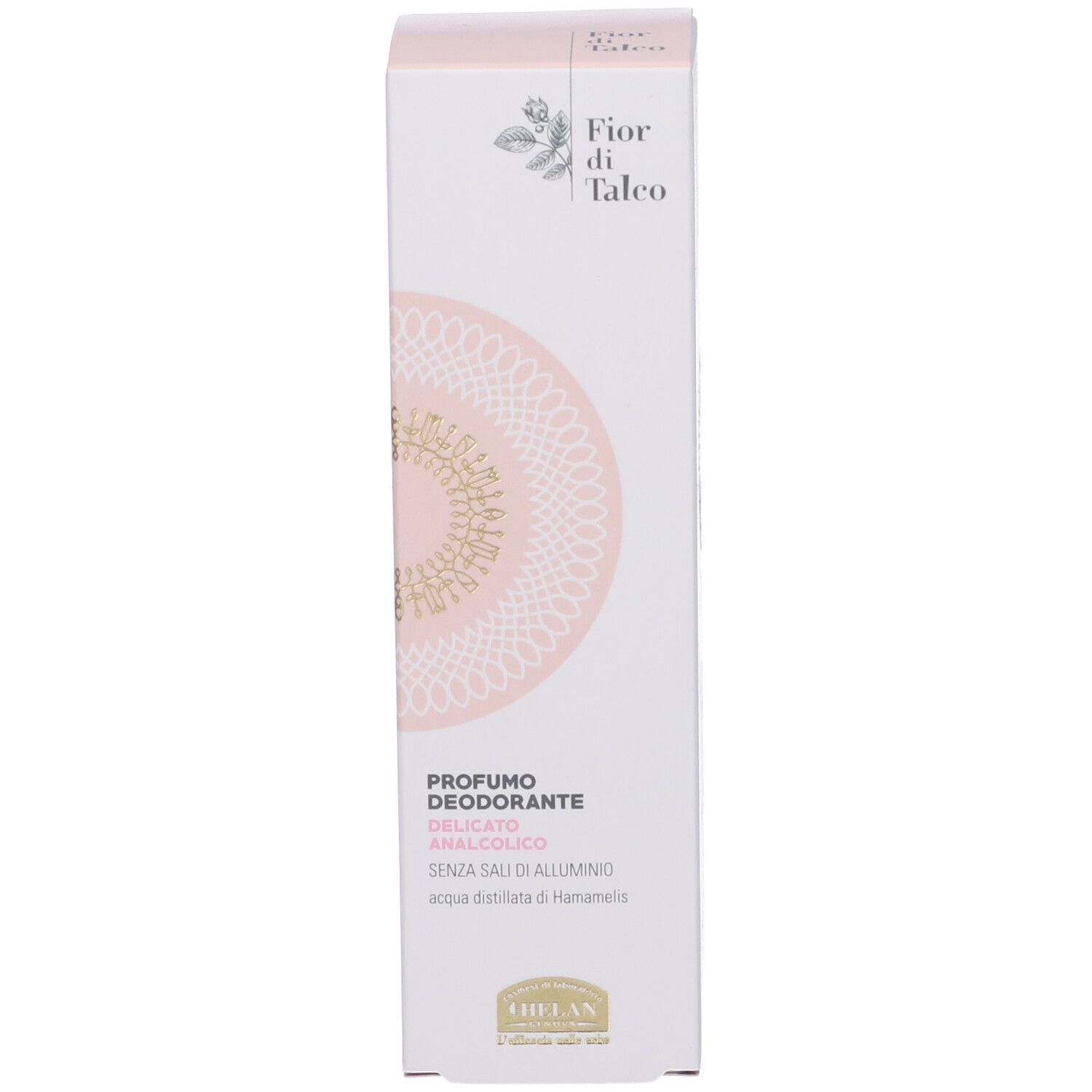 Confezione con scritta FIOR DI TALCO, PROFUMO DEODORANTE DELICATO. Marchio HELAN. Rosa e bianco.