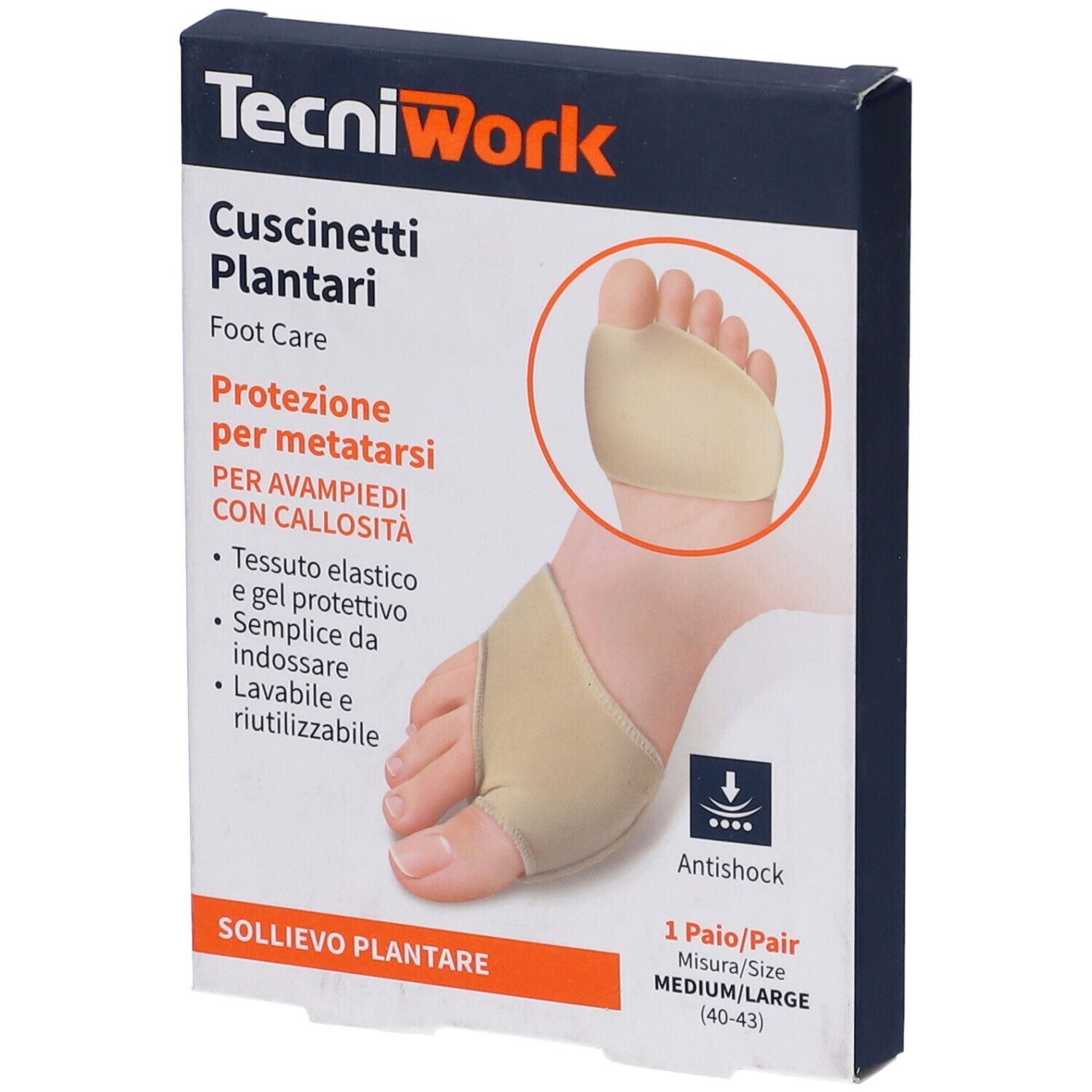 Confezione cuscinetti plantari TecniWork. Beige, elastico. Immagine del prodotto. Taglia M/L.