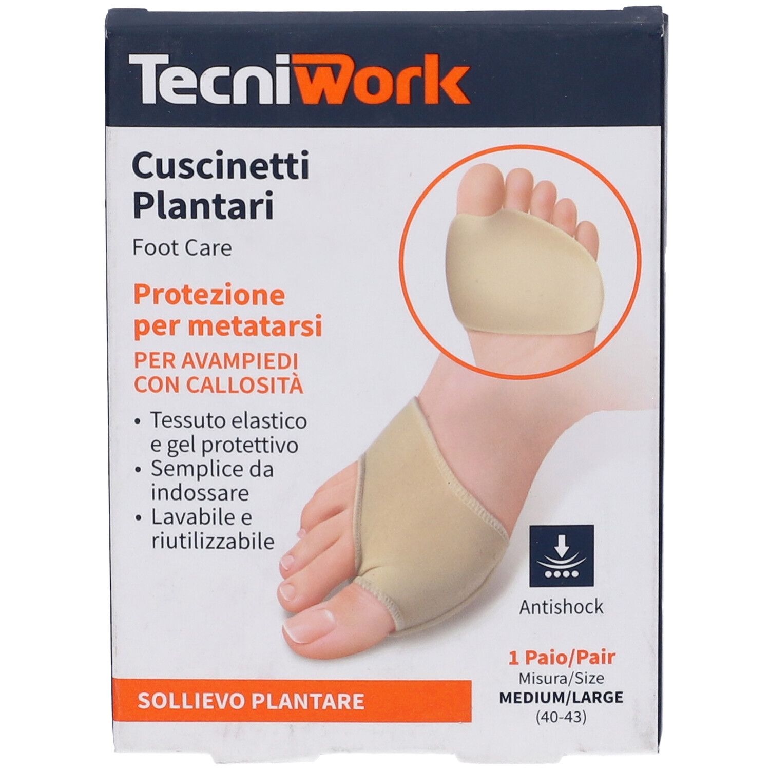 Retro confezione cuscinetti plantari TecniWork. Testo multilingue. Informazioni su materiali e cura.