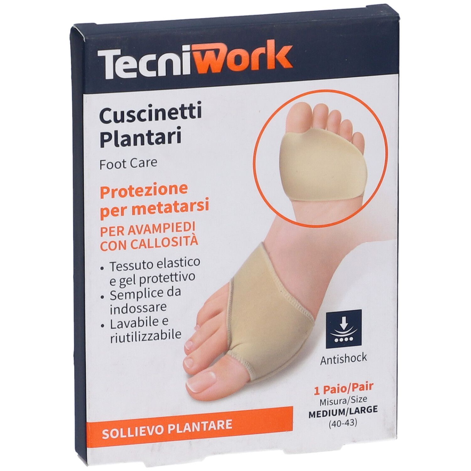 Confezione cuscinetti plantari TecniWork. Beige, elastico. Immagine del prodotto. Taglia M/L.
