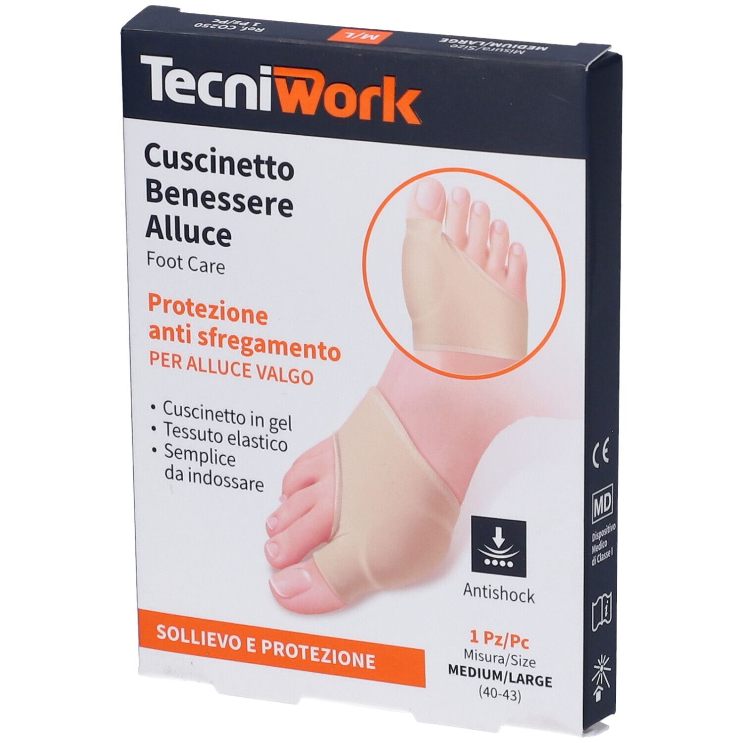 Confezione prodotto TecniWork. Testo: Cuscinetto Benessere Alluce Valgo, protezione anti-sfregamento. Misura M/L (40-43).