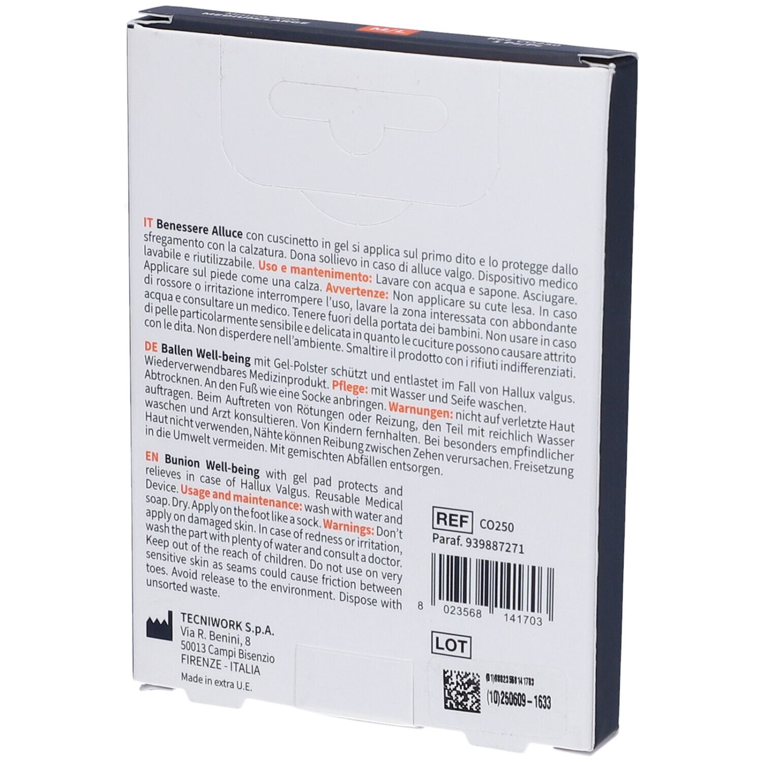 Retro confezione TecniWork. Testo in tedesco e italiano. Informazioni d'uso e avvertenze.