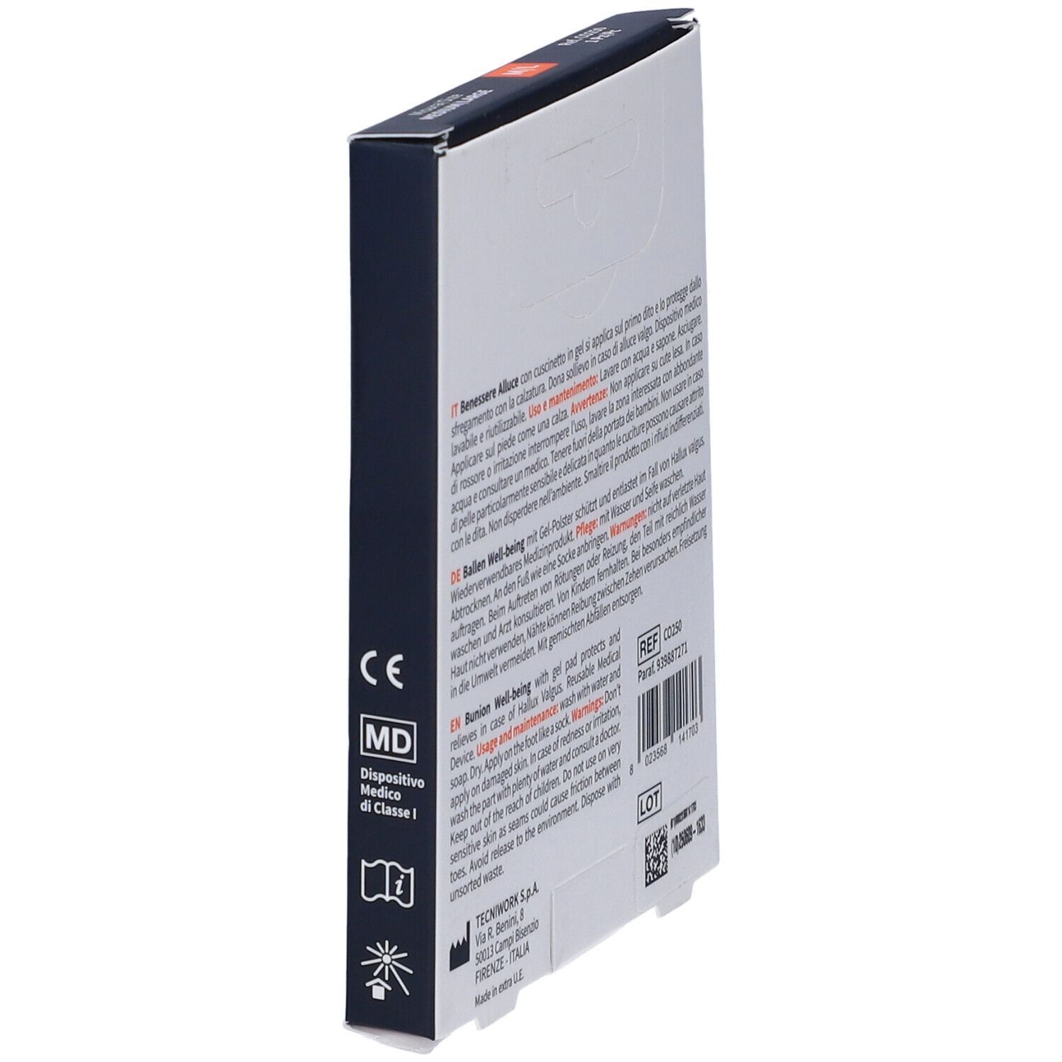 Vista laterale confezione TecniWork. Testo: Marchio CE, simbolo MD. Informazioni d'uso e avvertenze.