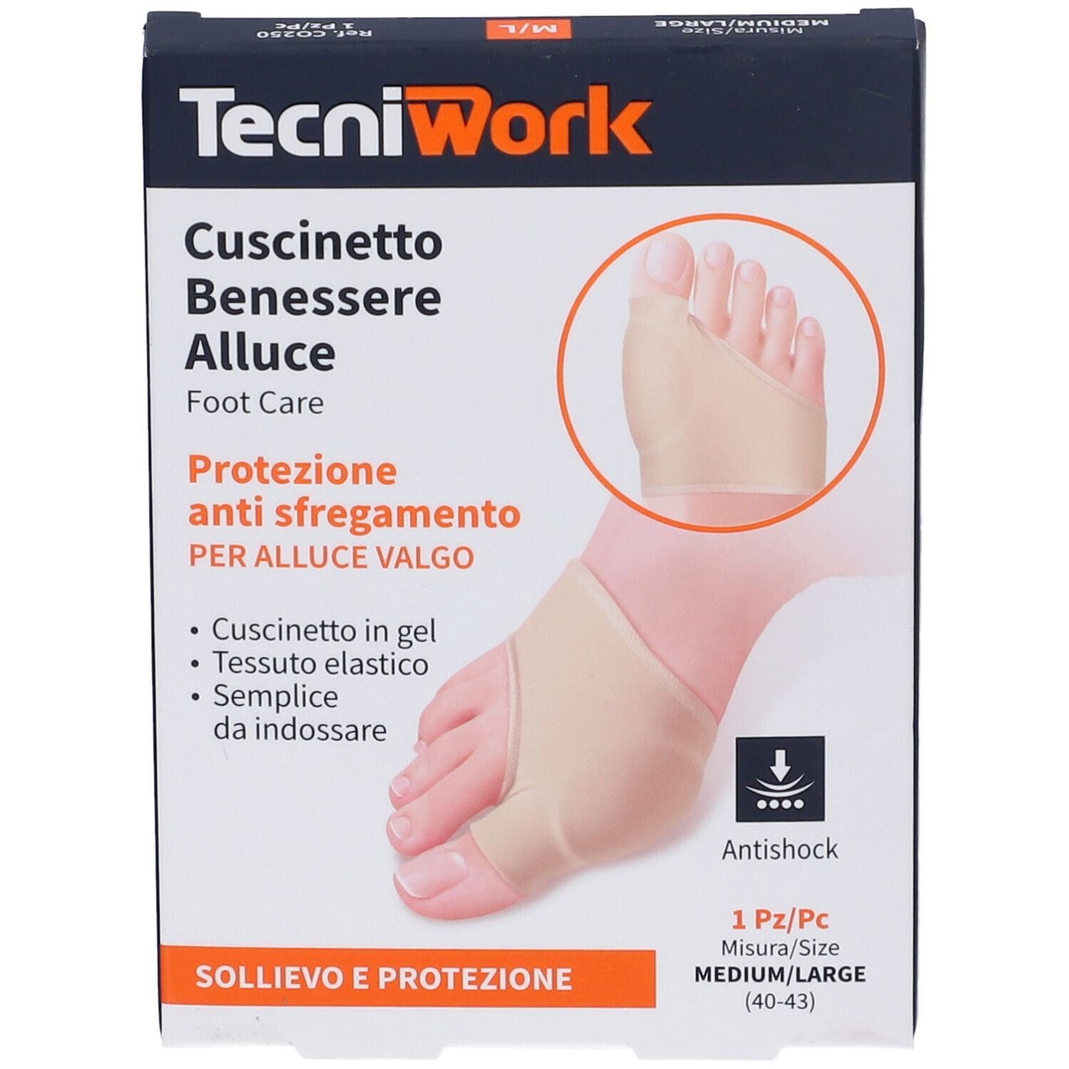 Confezione prodotto TecniWork. Testo: Cuscinetto Benessere Alluce Valgo, protezione anti-sfregamento. Misura M/L (40-43).